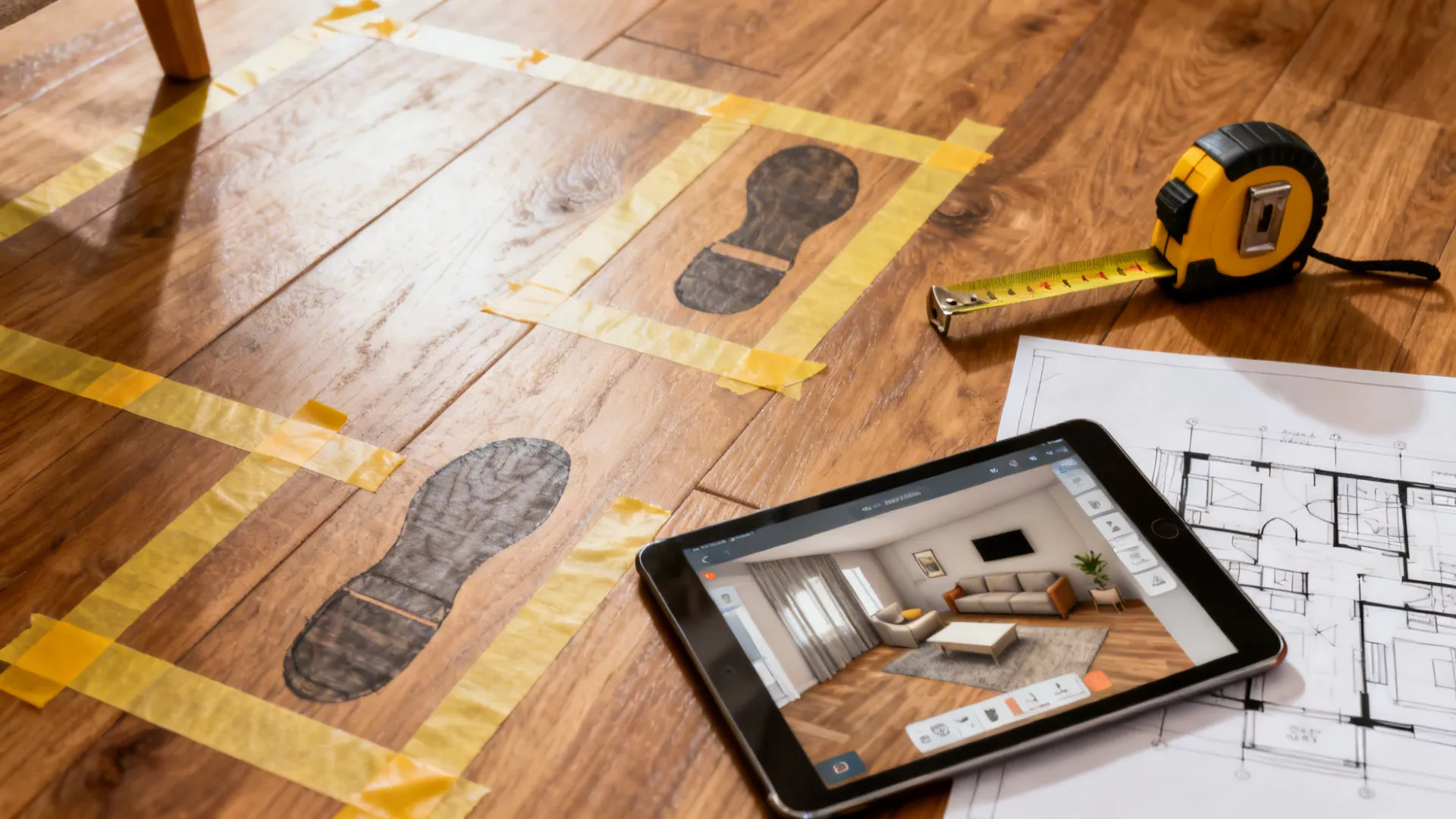 Painter's tape on a floor mapped for furniture, measuring tape and a tablet with a room planner app.