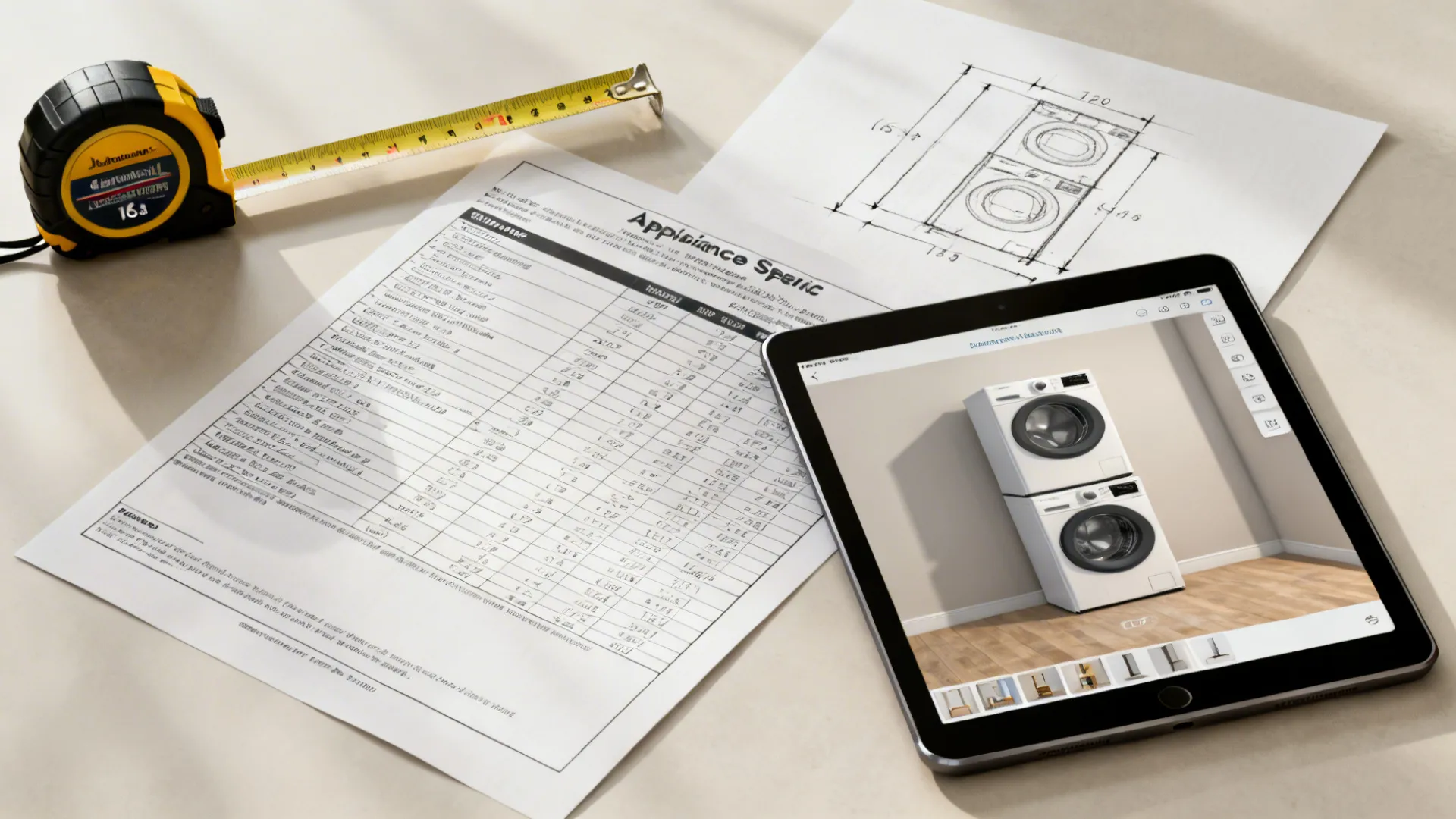 Planning tools for stacked laundry layout: tape measure, spec sheet, and 3D planner on a tablet.