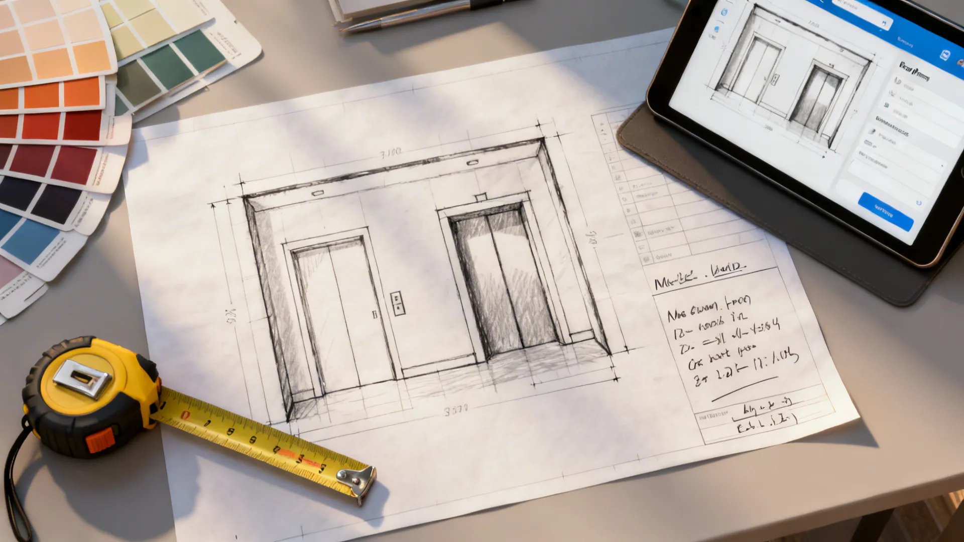 Hand drawn interior design drawing on desk with tape measure color swatches and tablet display
