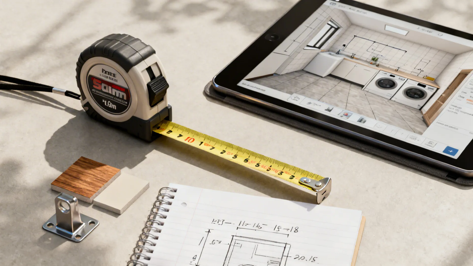 Tape measure, tablet with 3D floor planner, and material samples for planning a tiny laundry room.