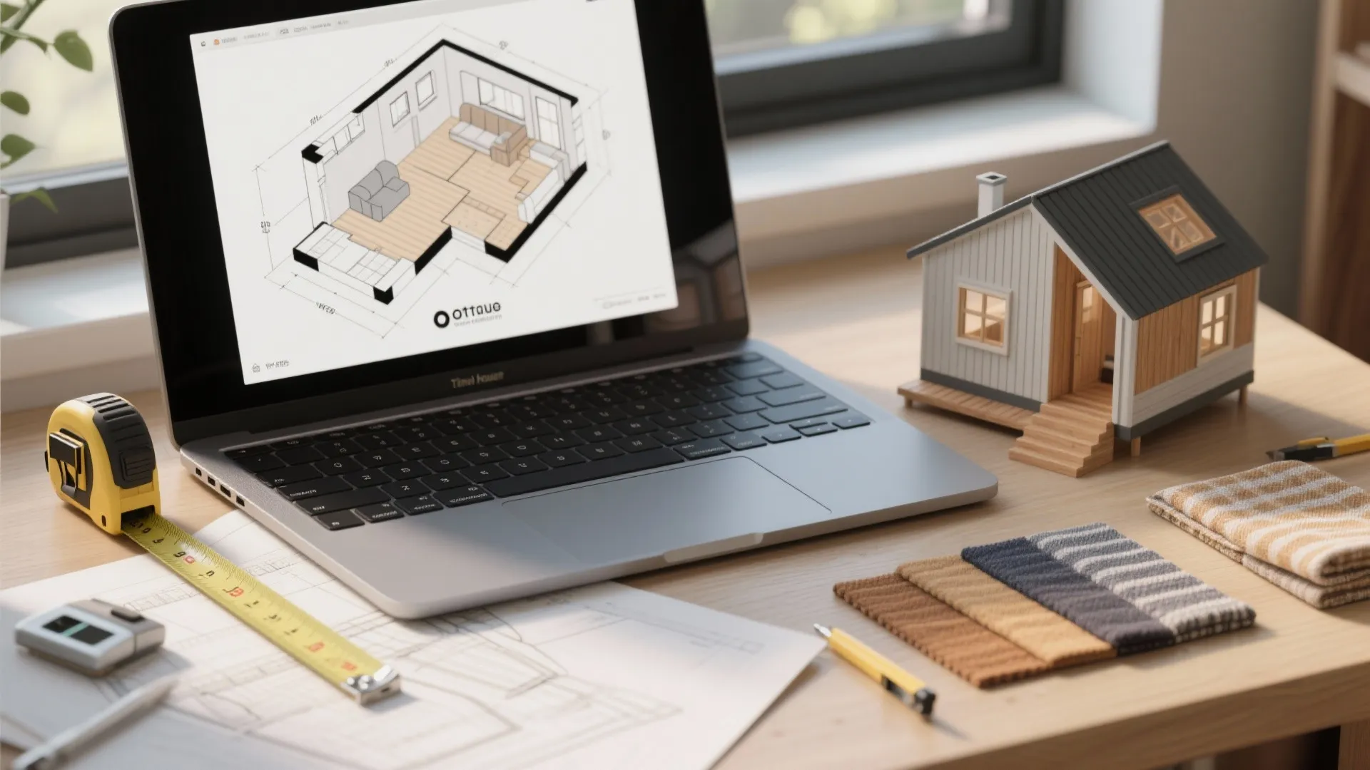 3D floor planner on laptop with printed plans and material swatches for tiny house design.