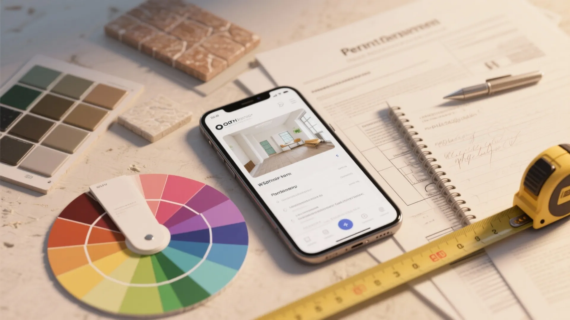 Smartphone showing interior design drawing app with color wheel tape measure and floor material samples