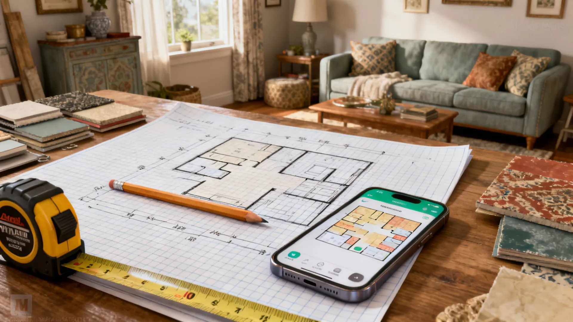 Floor plan drawing with pencil measuring tape and smartphone showing digital room layout on table