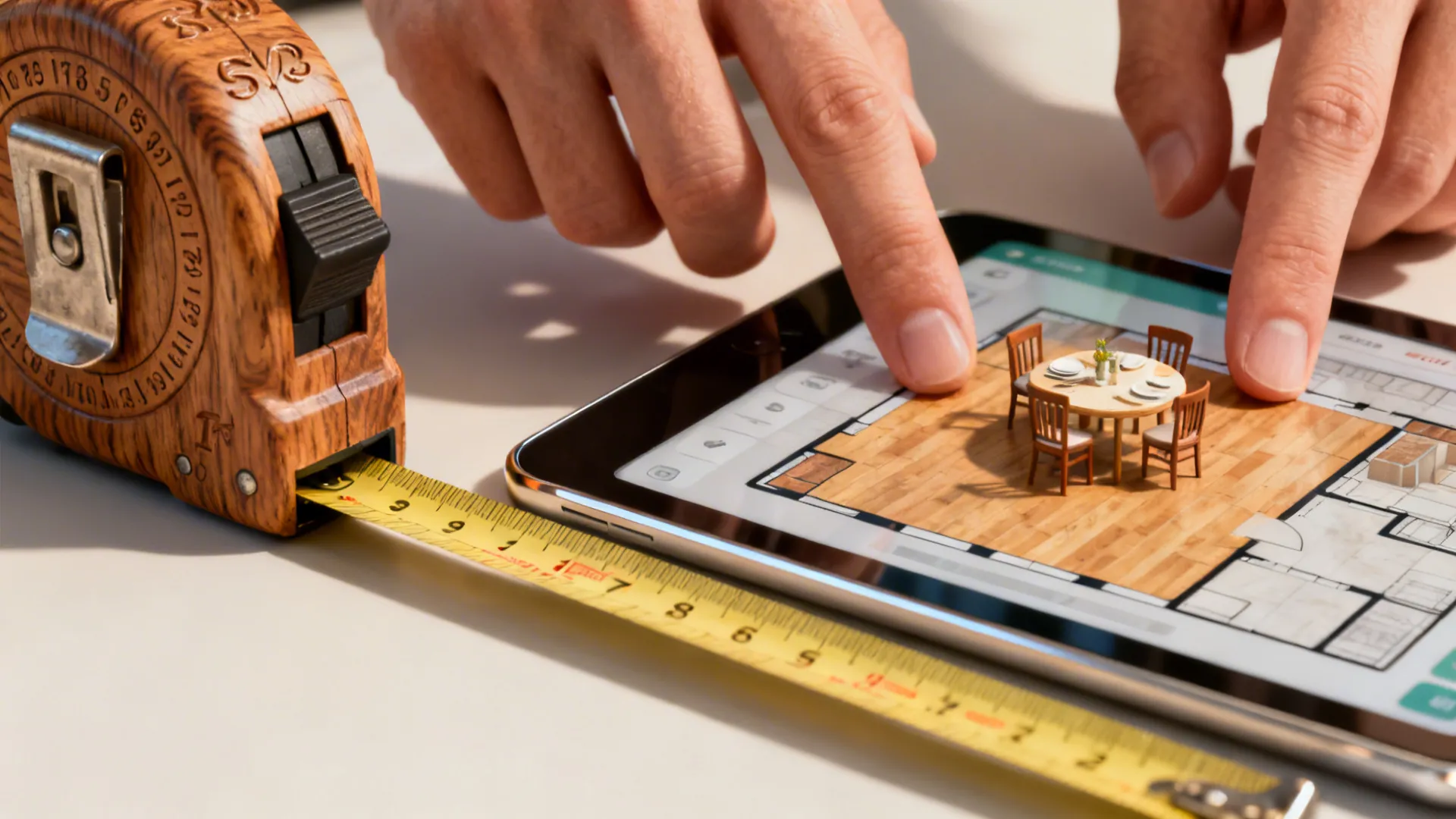Person using a tablet to design a room layout with a wooden tape measure nearby