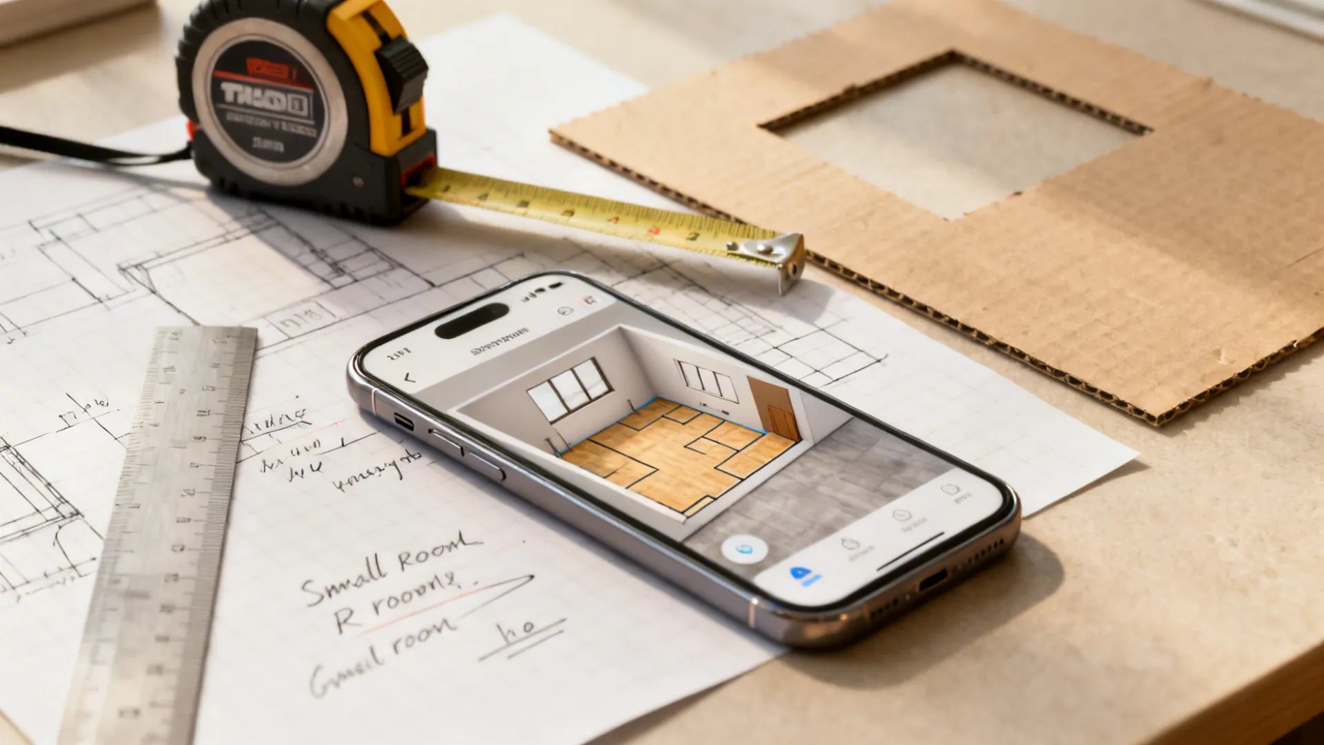 Planning tools for small living room layout: measuring tape, phone with 3D planner, ruler and annotated sketch.