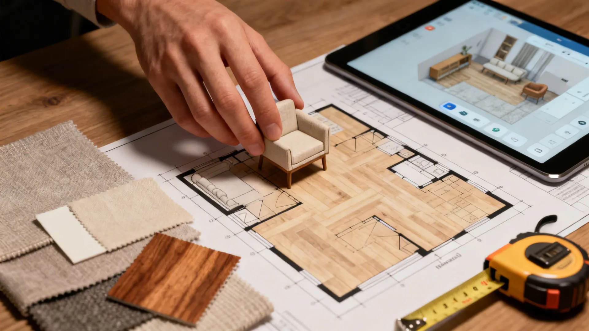 Top-down view of furniture models, fabric swatches, tape measure, and a tablet with a 3D room planner