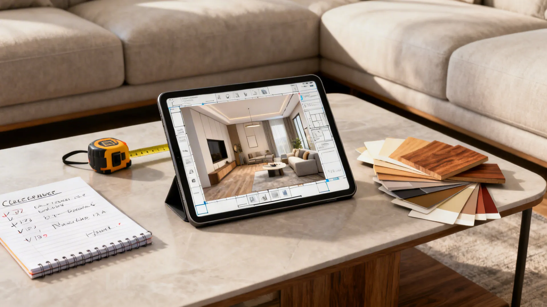 Tablet with 3D planner, measuring tape and material swatches for small bar planning.