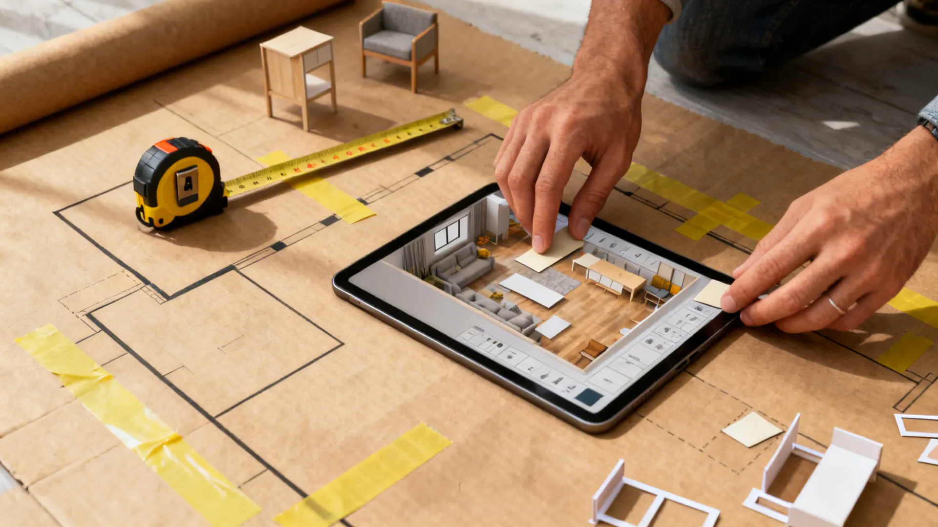 On-site planning tools: kraft paper floor outlines, measuring tape, tablet with 3D planner and furniture cut-outs.