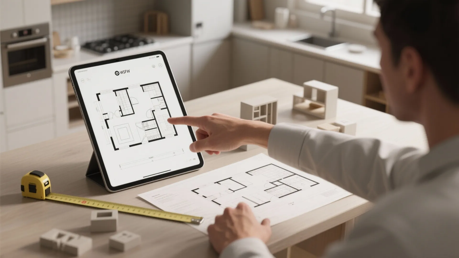 Man using tablet to show house floor plan layout with measuring tape on wooden table