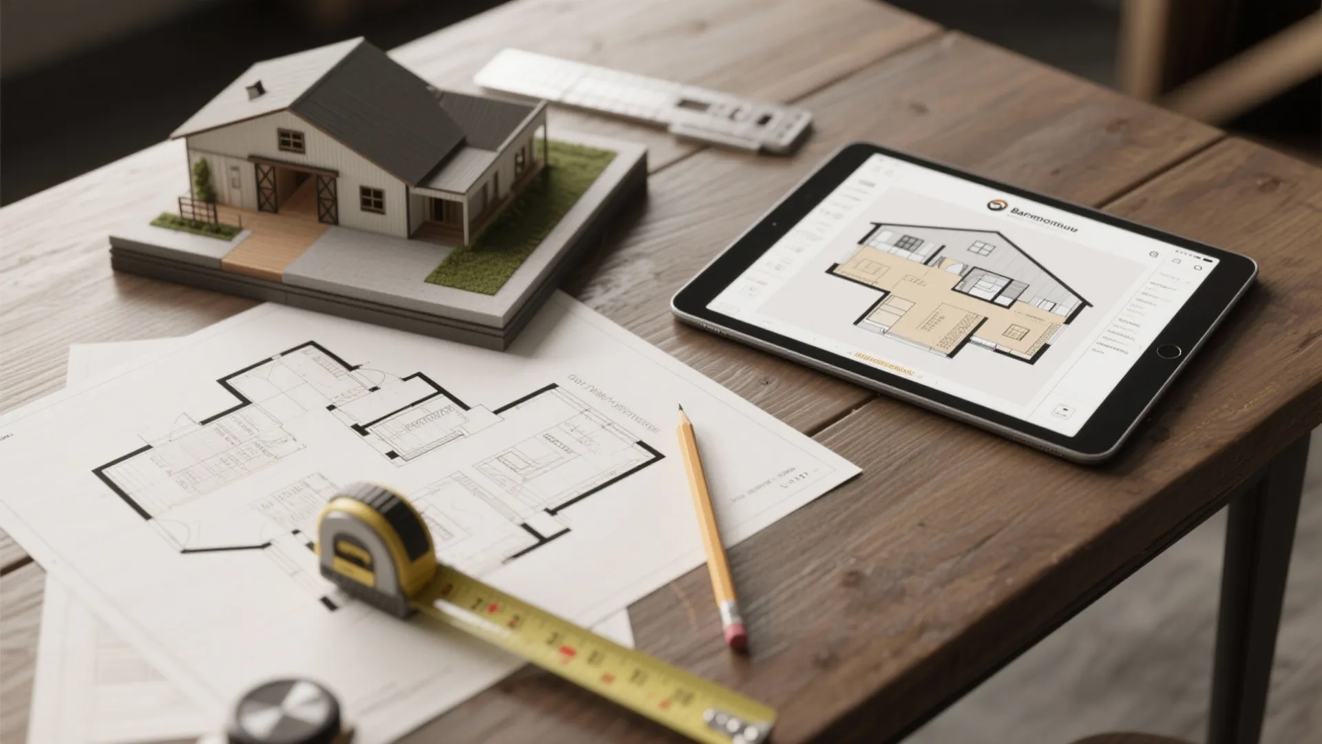 Wooden table with house model paper floor plans tablet showing interior design drawing and pencil