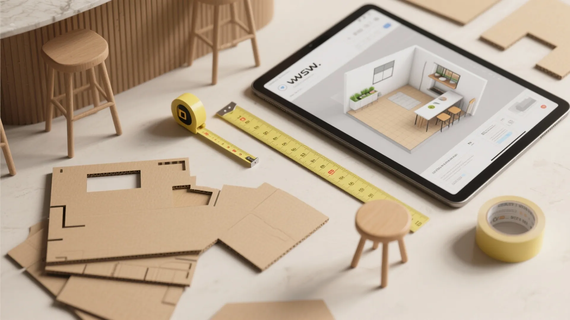 Flatlay showing tools for testing breakfast bar layouts: tape measure, cardboard mock-up, and tablet with 3D planner.