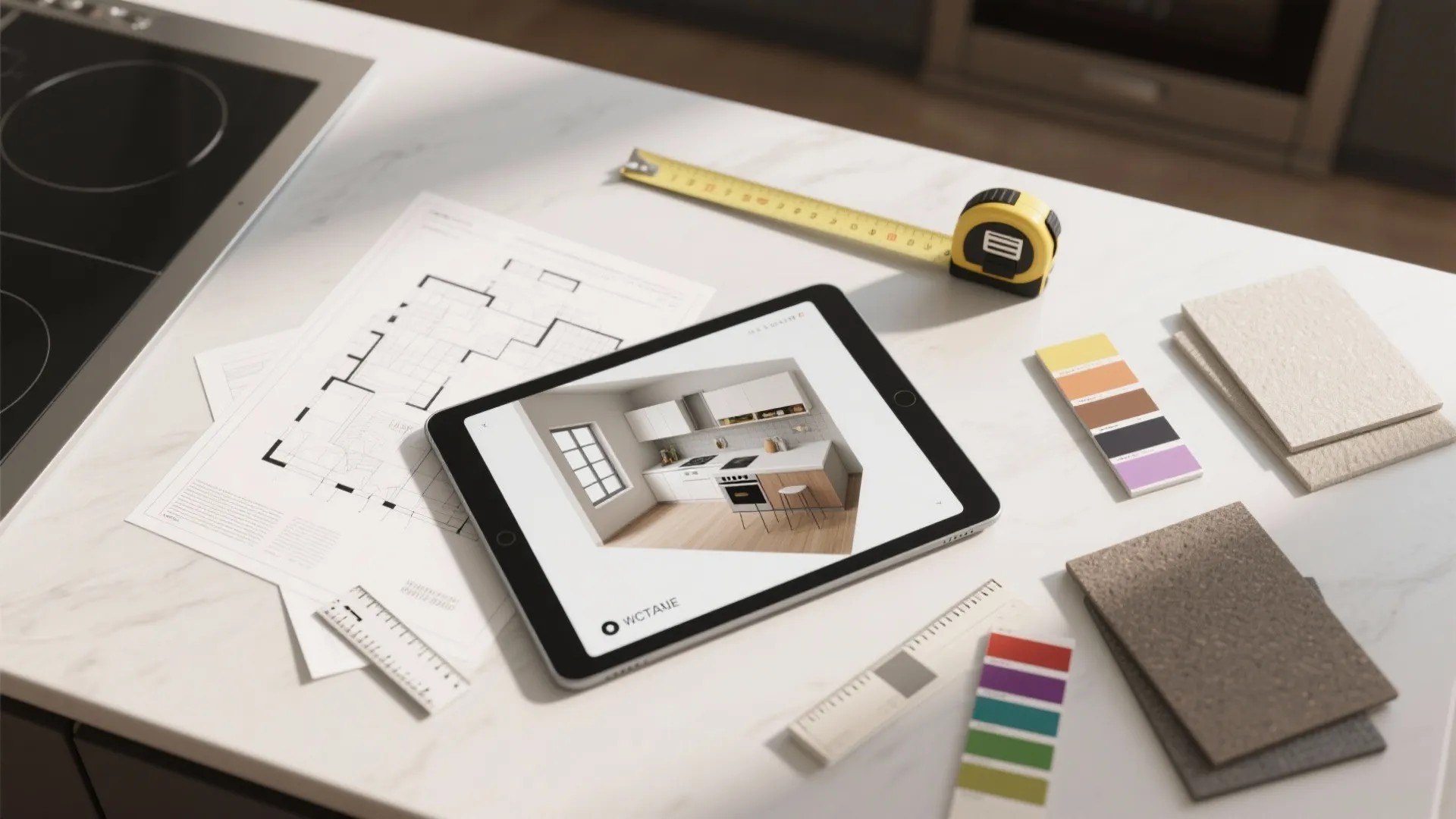 Kitchen planning tools including floor plan paper tablet with design drawing measuring tape and samples