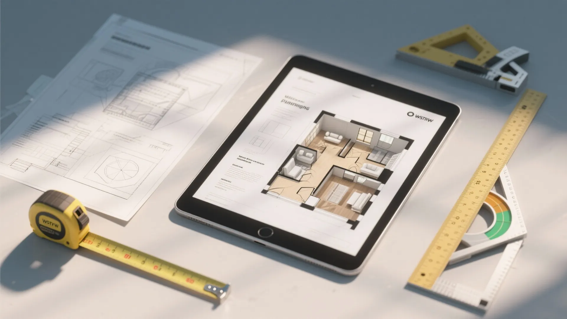 Flatlay of 3D floor planner on tablet, printed floor plan templates, and measuring tools for ranch layouts.