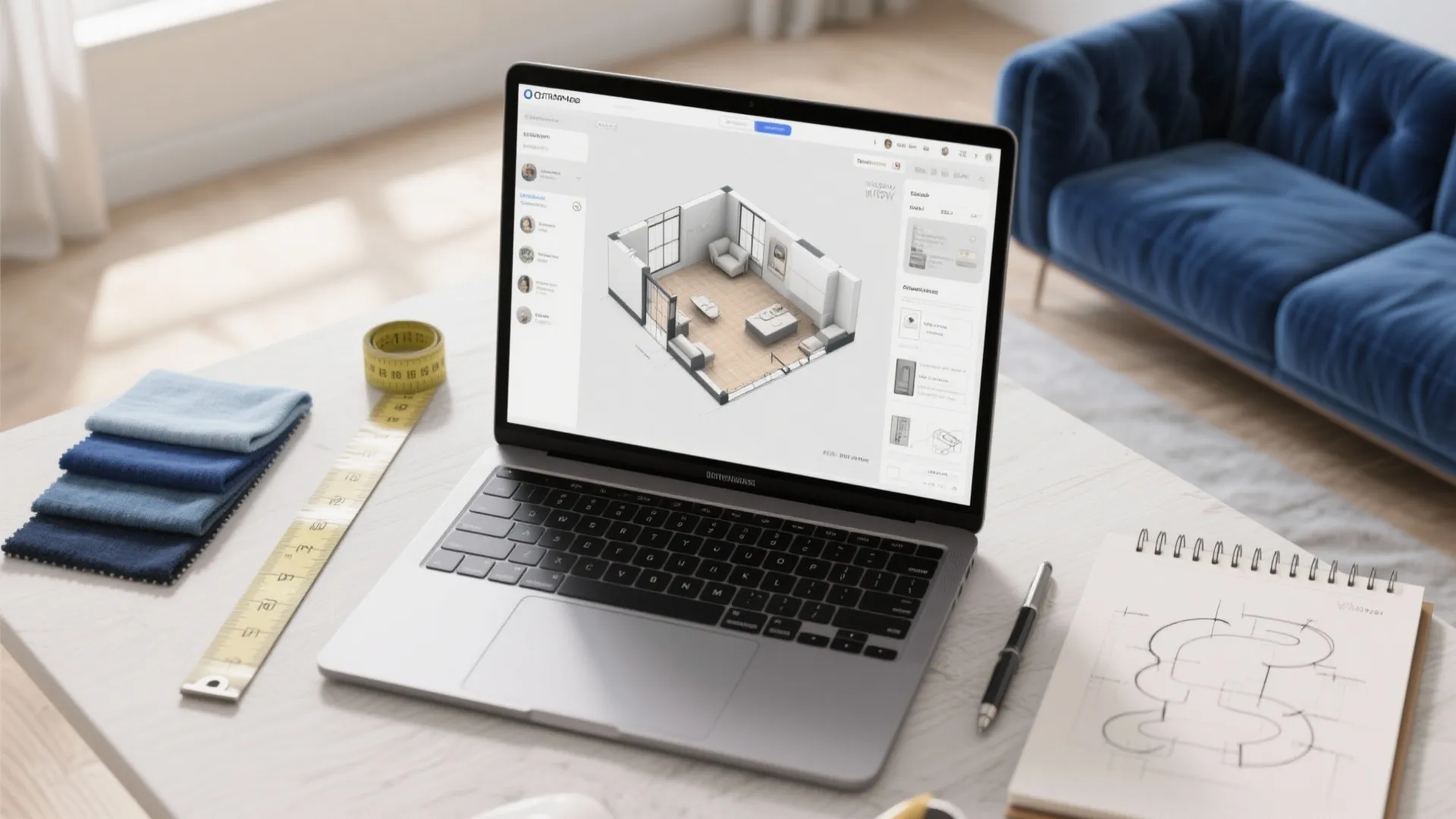 Top-down view of a laptop with 3D floor planner, fabric swatches and measuring tools.
