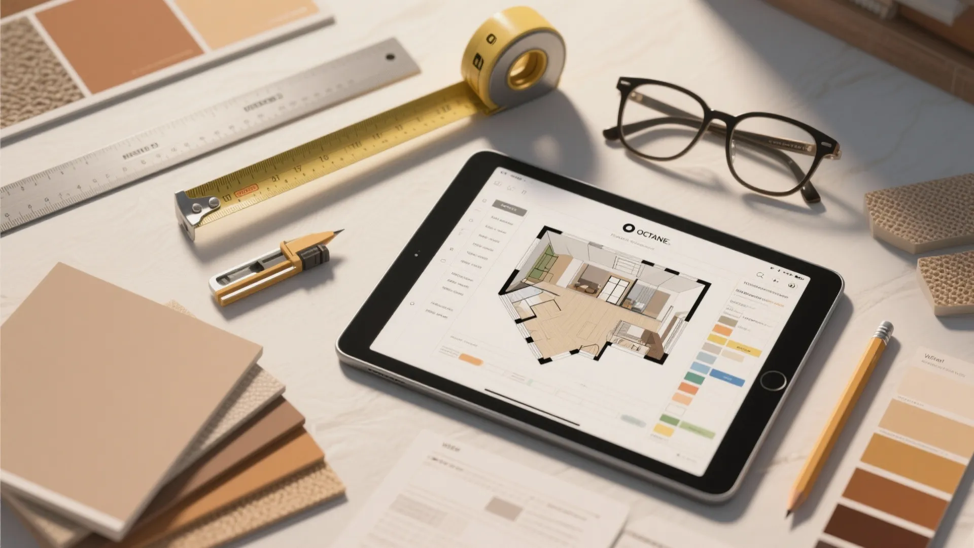 Tablet showing interior design drawing layout surrounded by measuring tape glasses pencils and various color samples