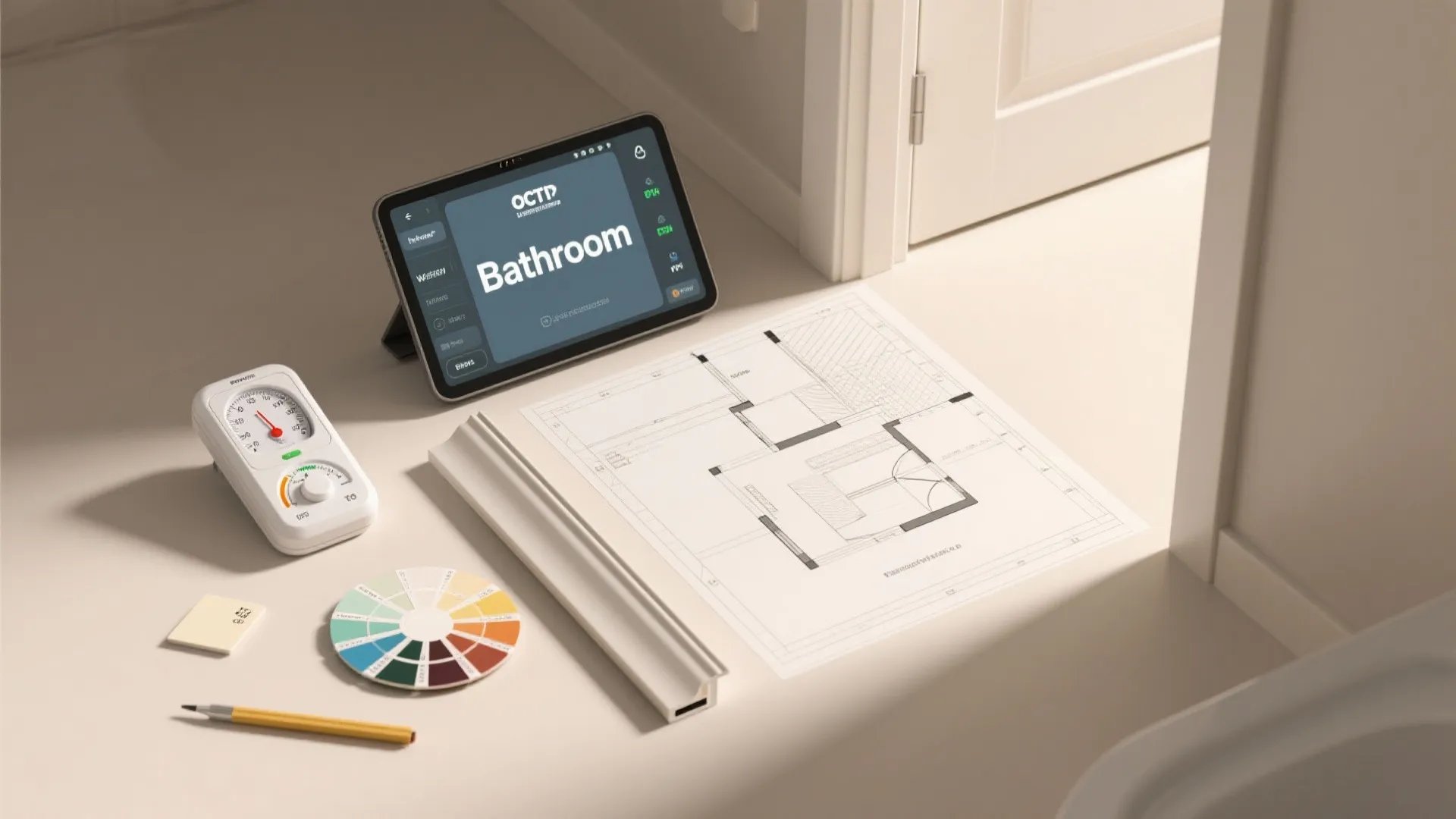 Interior design tools including a floor plan drawing tablet color wheel and home planning equipment