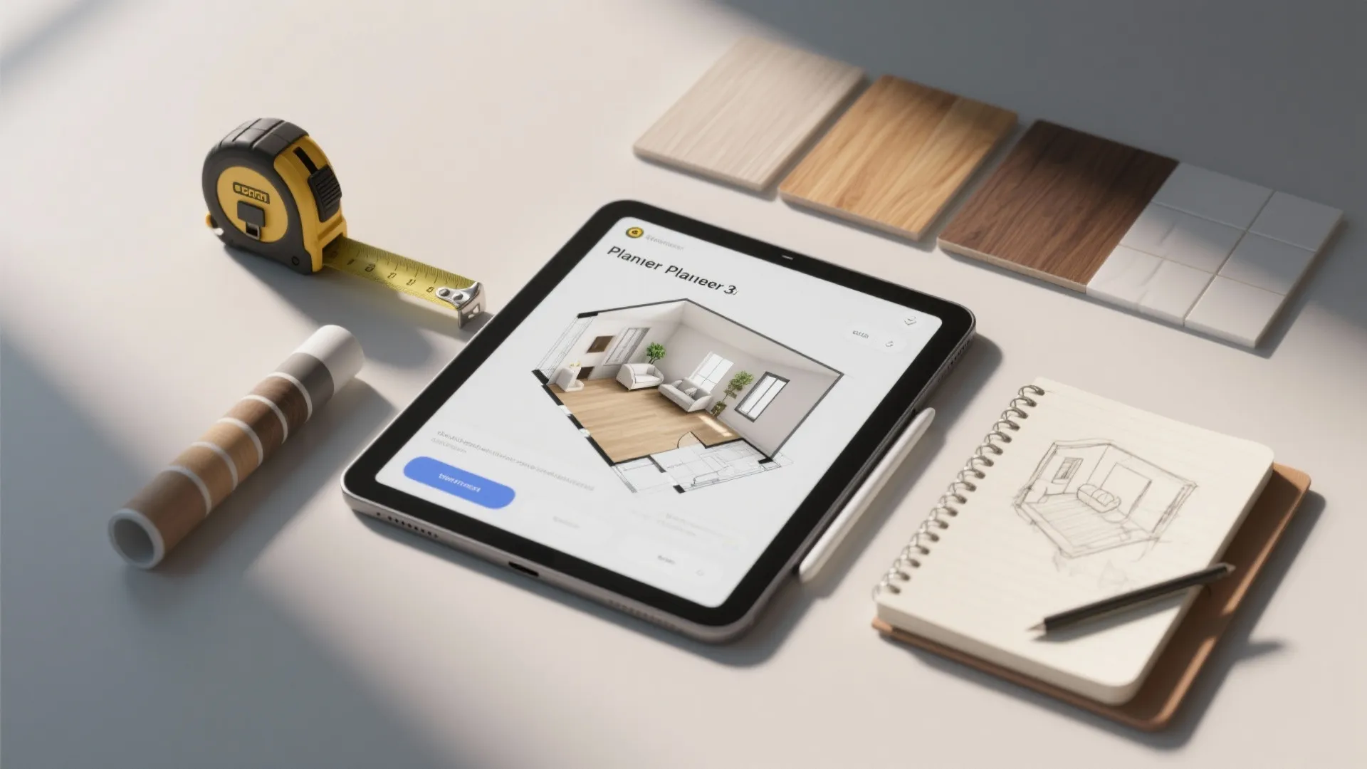 Flatlay of a tablet with room planner, measuring tape, material swatches and sketches