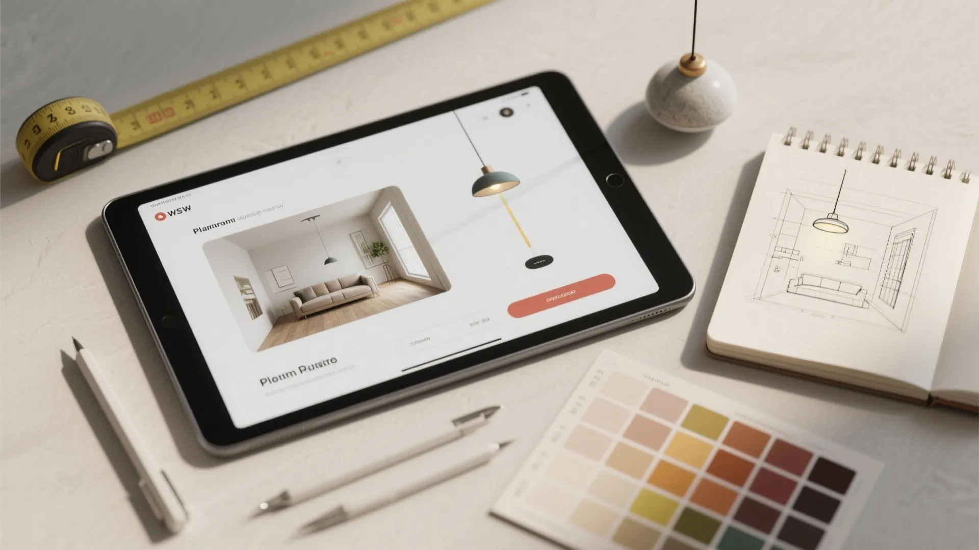 Flatlay of a tablet with 3D planner, measuring tape, sketchbook and pendant sample for planning fixture height.