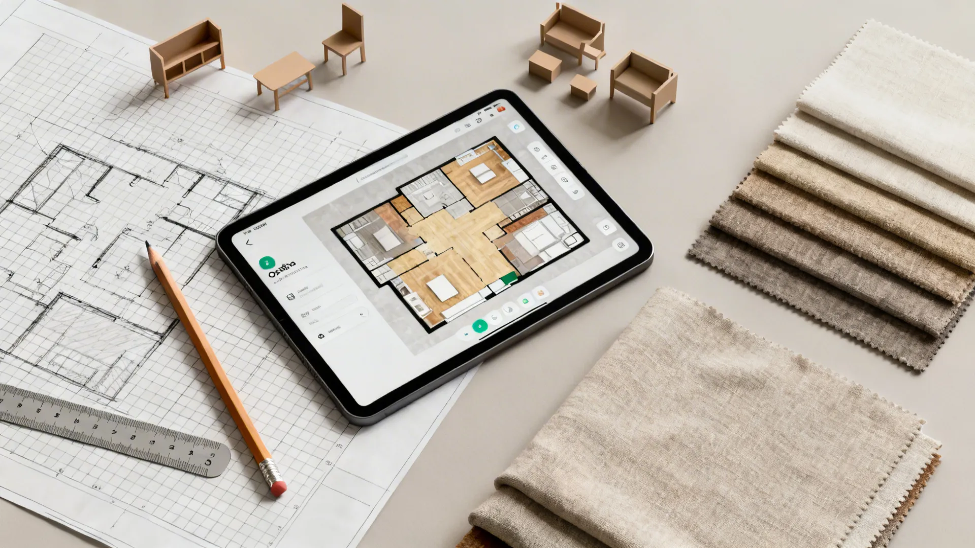 Top-down flatlay of sketch, tablet with 3D planner, ruler and furniture cutouts for room planning