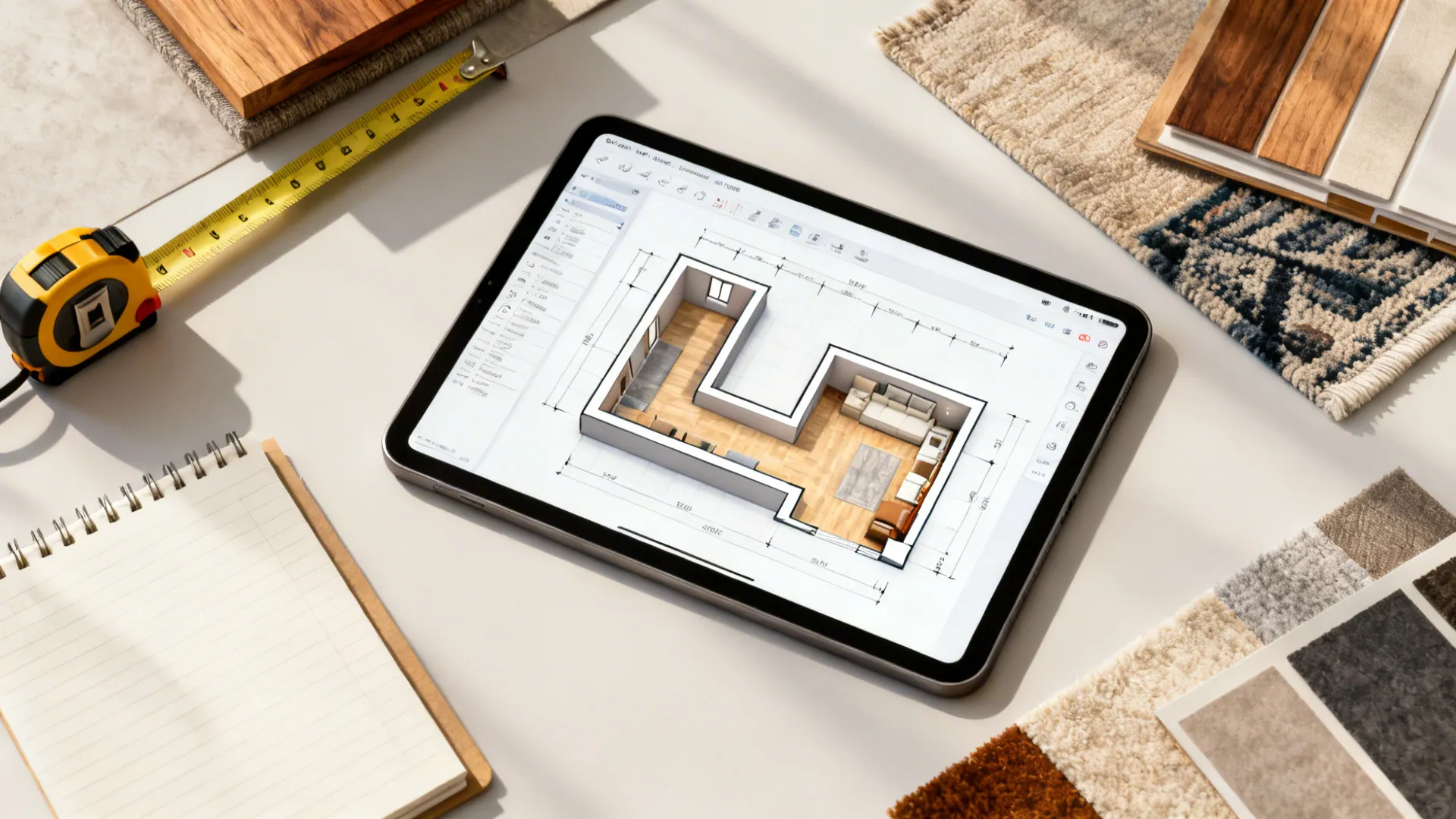 Flatlay of a tablet with a 3D floor planner, measuring tape, and material swatches for room planning.