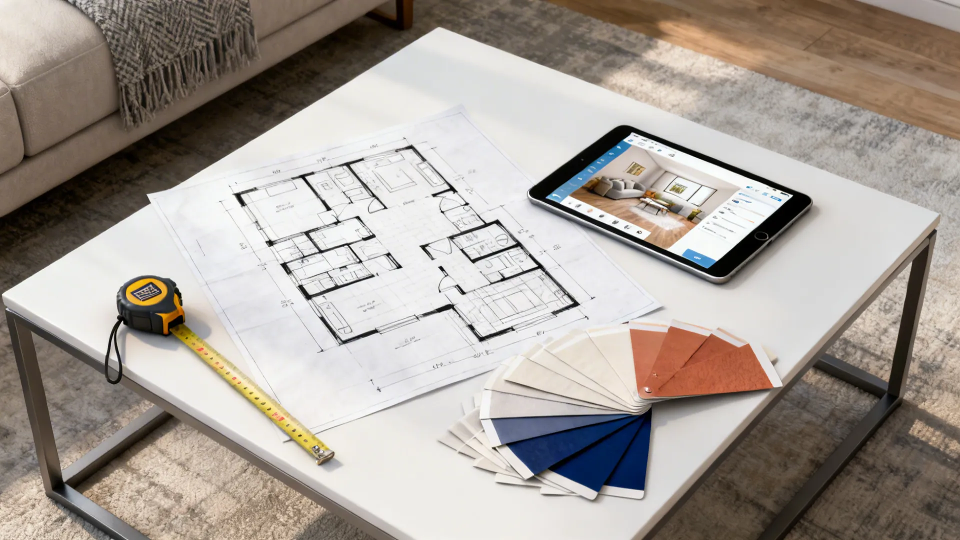 Flatlay of sketches, tablet room planner, measuring tape and color swatches for testing layouts with a white coffee table.