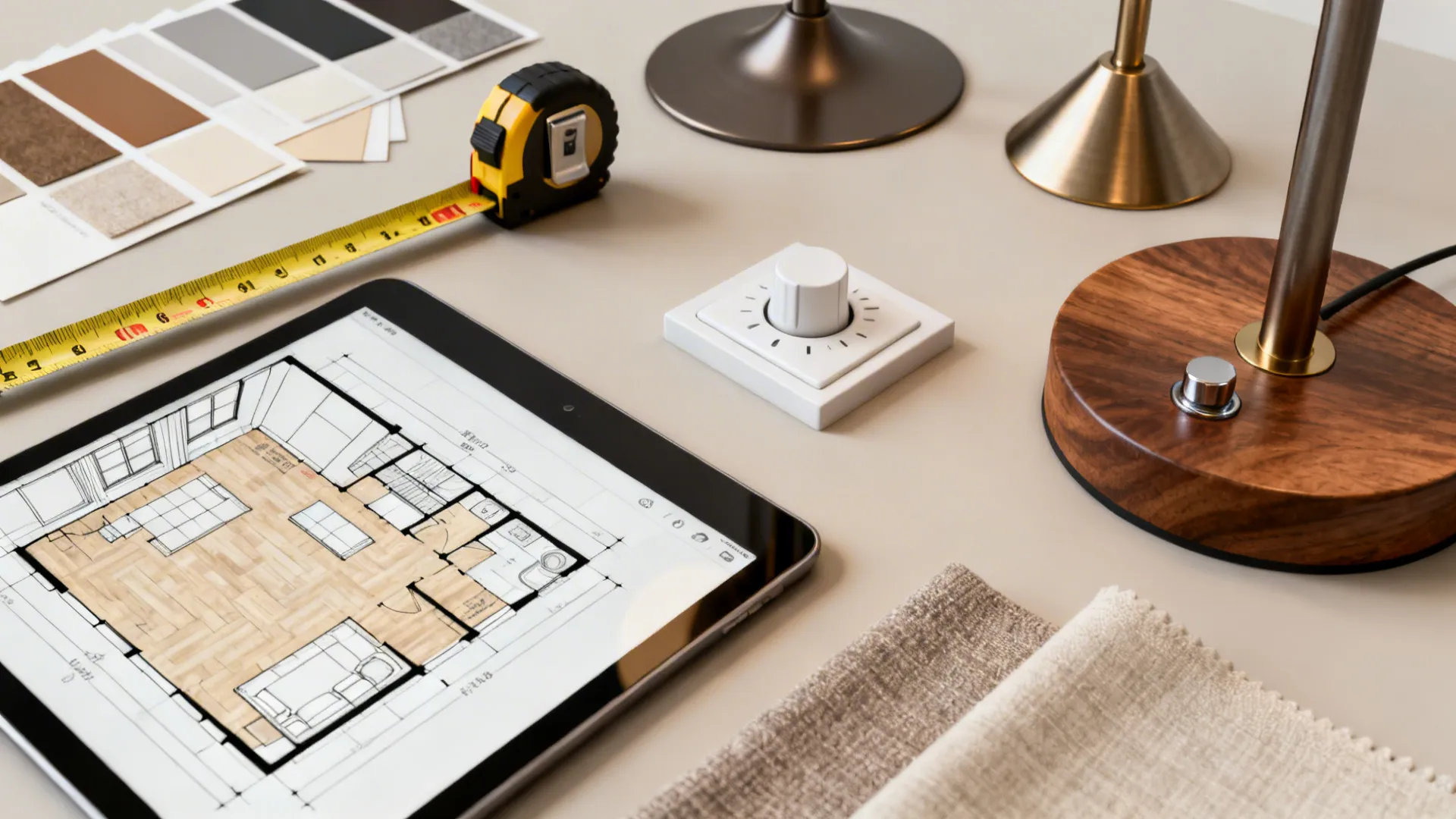 Flatlay of measuring tape, tablet with floor plan mockup, lamp base samples and fabric swatches.