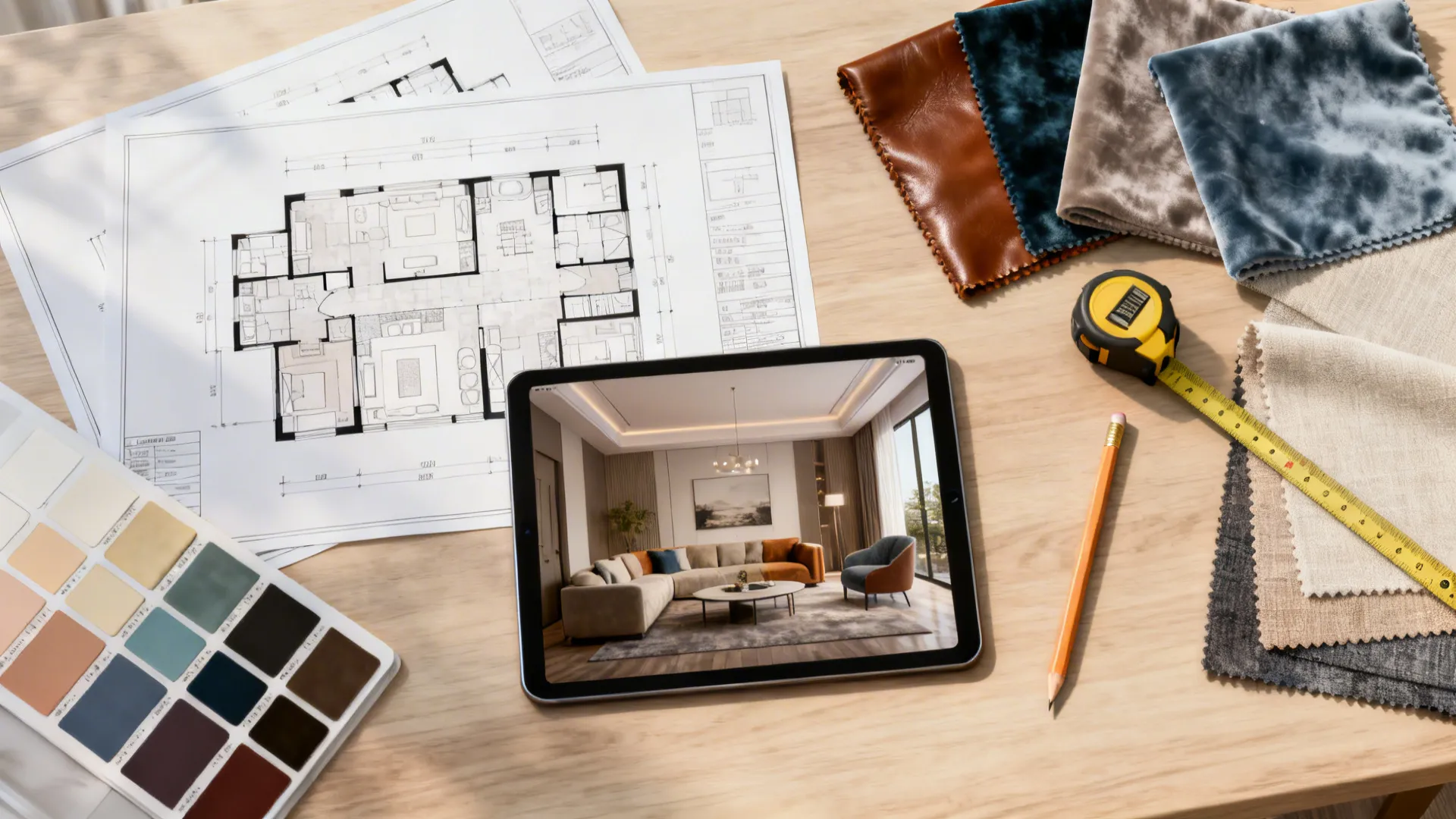 Flatlay of floor plans, tablet with 3D render, and fabric swatches for living room planning.