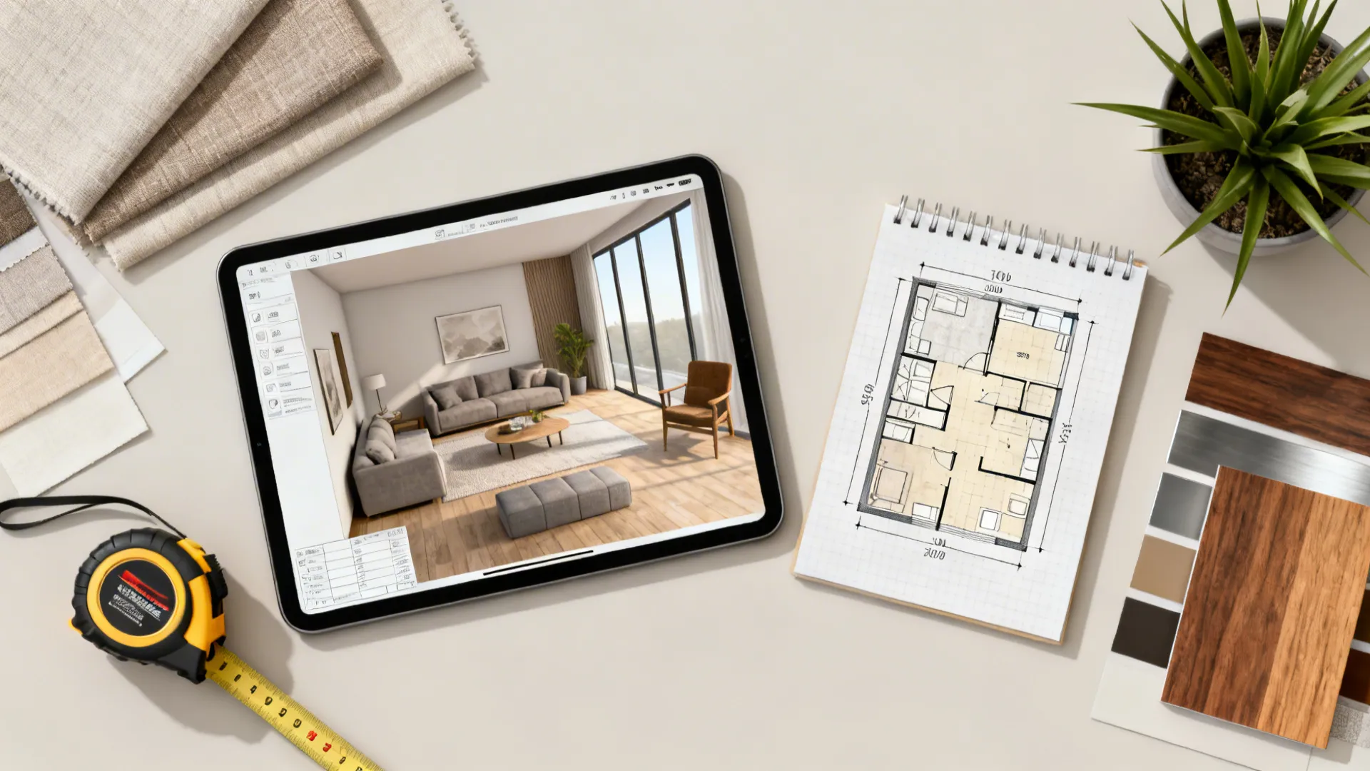 Flatlay of a tablet with a 3D floor planner, tape measure, fabric swatches and notes for room planning.