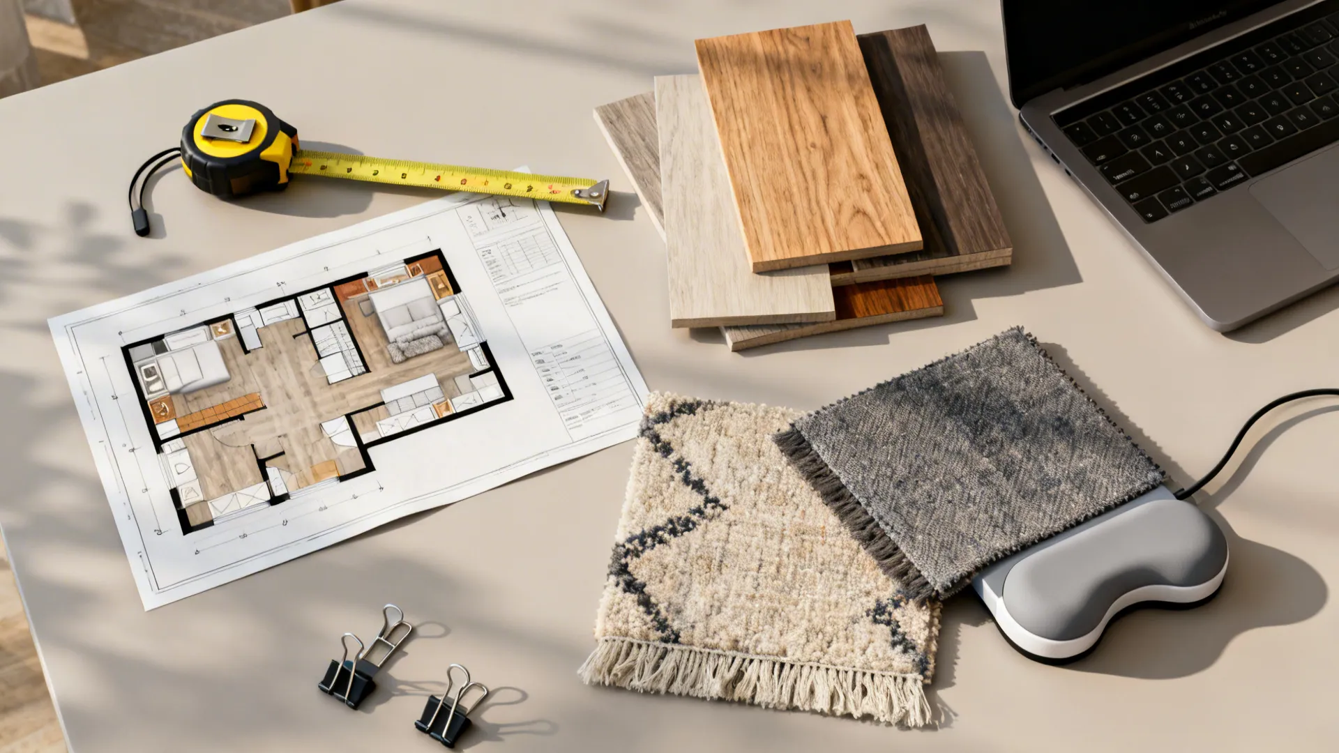 Interior design workspace featuring floor plan wood samples fabric swatches laptop and yellow measuring tape