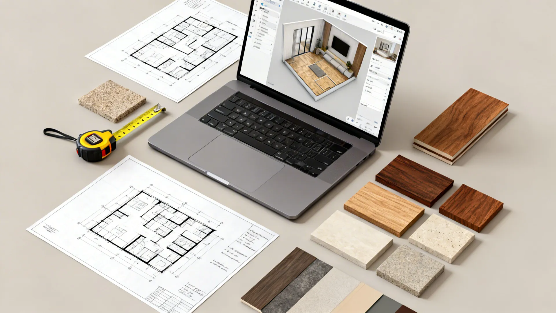 Flatlay of a laptop with 3D floor planner, sketches, tape measure and material samples