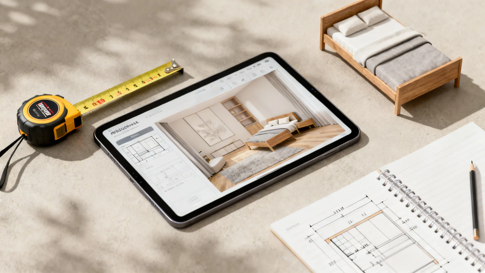 Flatlay of planning tools including tape measure and tablet with room planner for small bedroom layouts