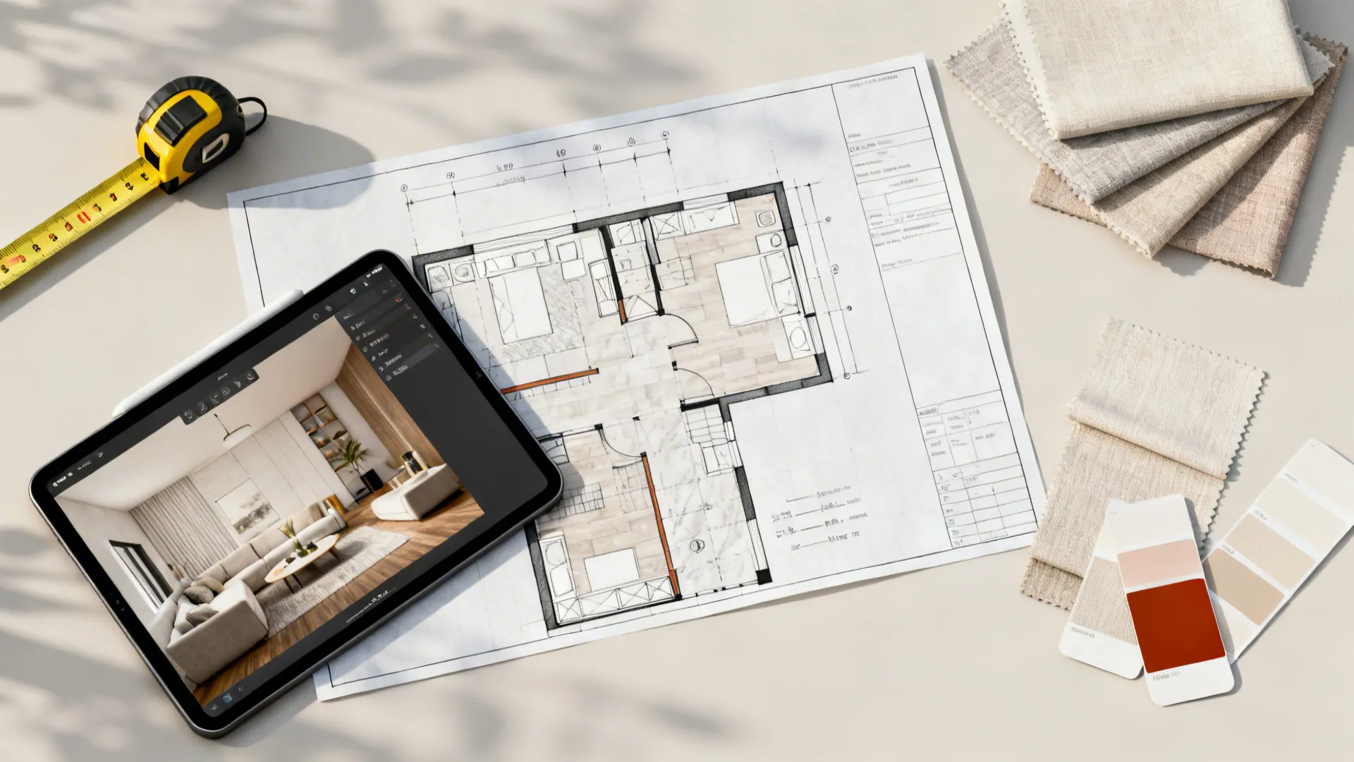Flatlay of a tablet with 3D floor planner, measuring tape, swatches and paint chips for layout planning.