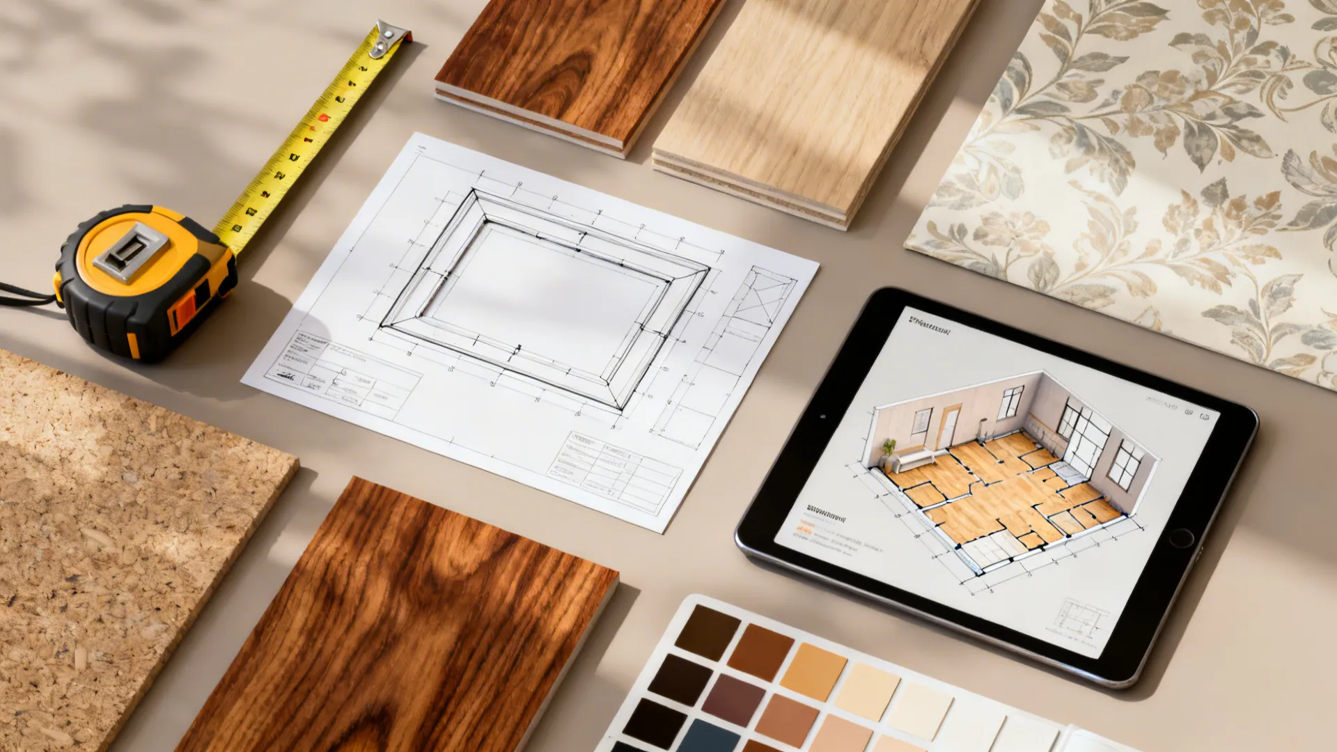 Flatlay of tools and material samples including laser level, templates, wood swatches and a 3D planner on a tablet