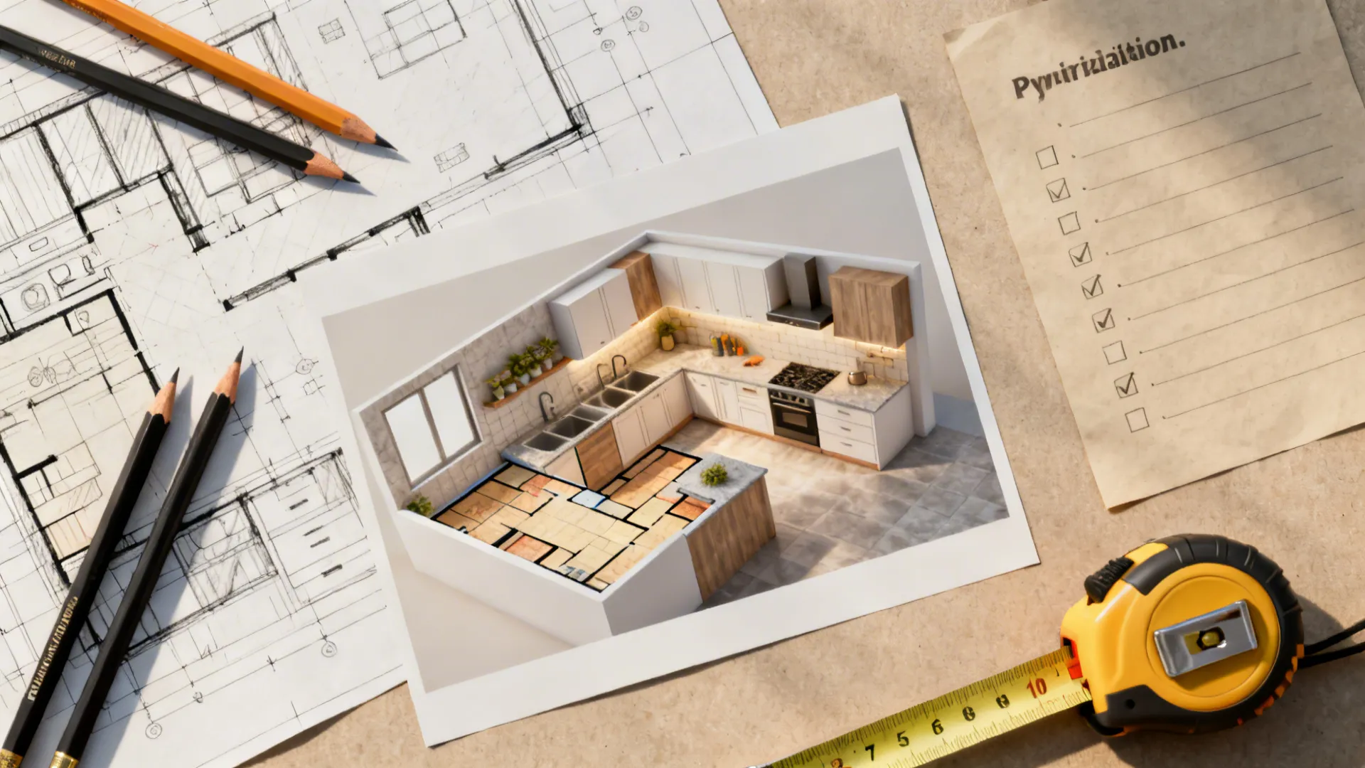 Flatlay of sketches, a 3D planner screenshot, measuring tape and a prioritized checklist for kitchen planning.