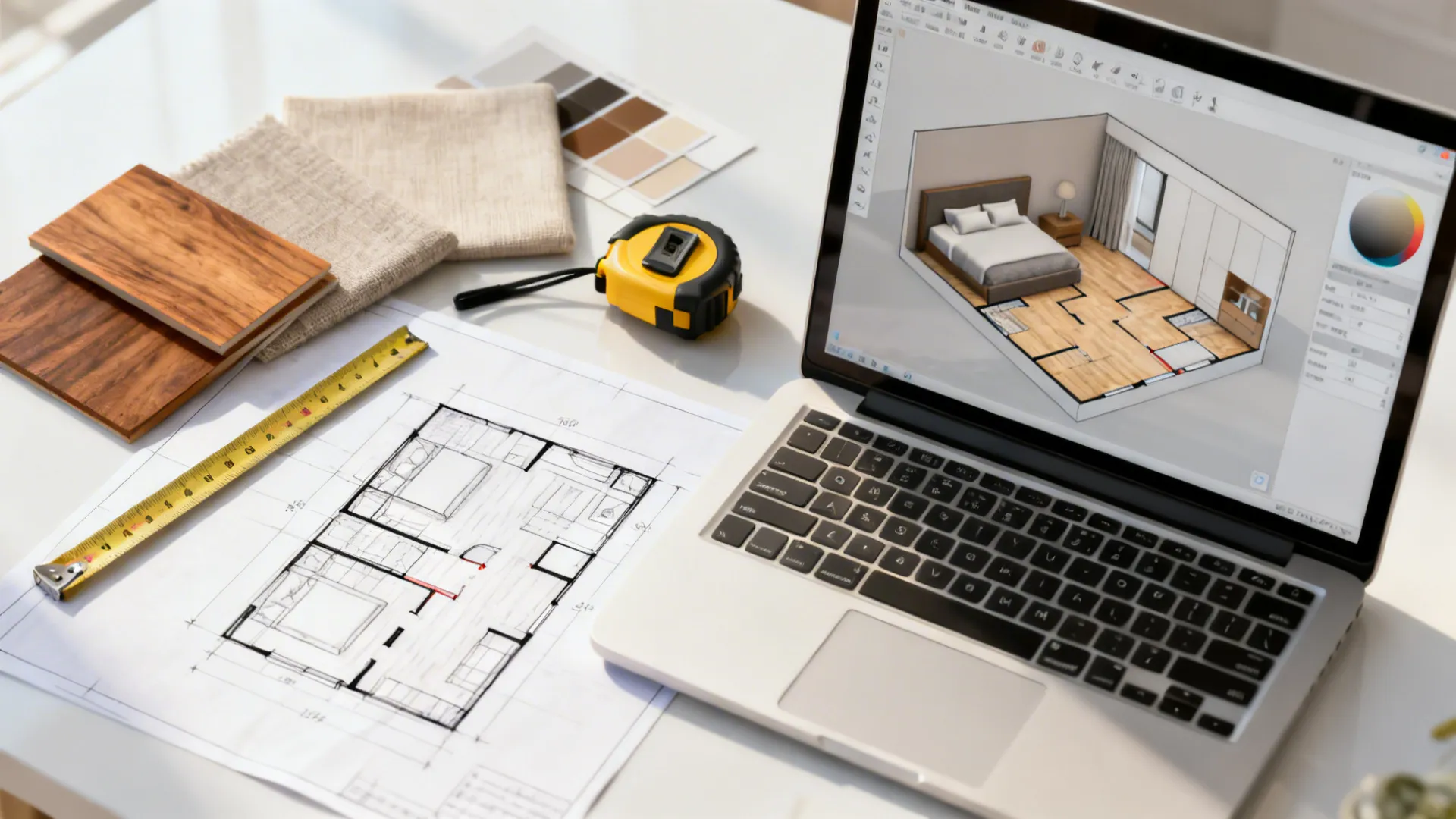 Flatlay of planning tools for small bedrooms, including tape measure, floor plan sketch, material swatches, and a laptop 3D planner.