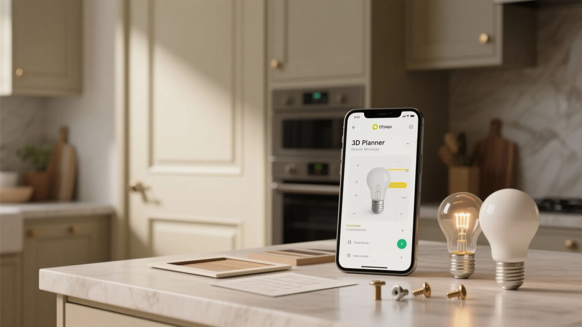 Cabinet sample, 3D planner on phone, bulbs and hardware samples for testing antique cream kitchen options.