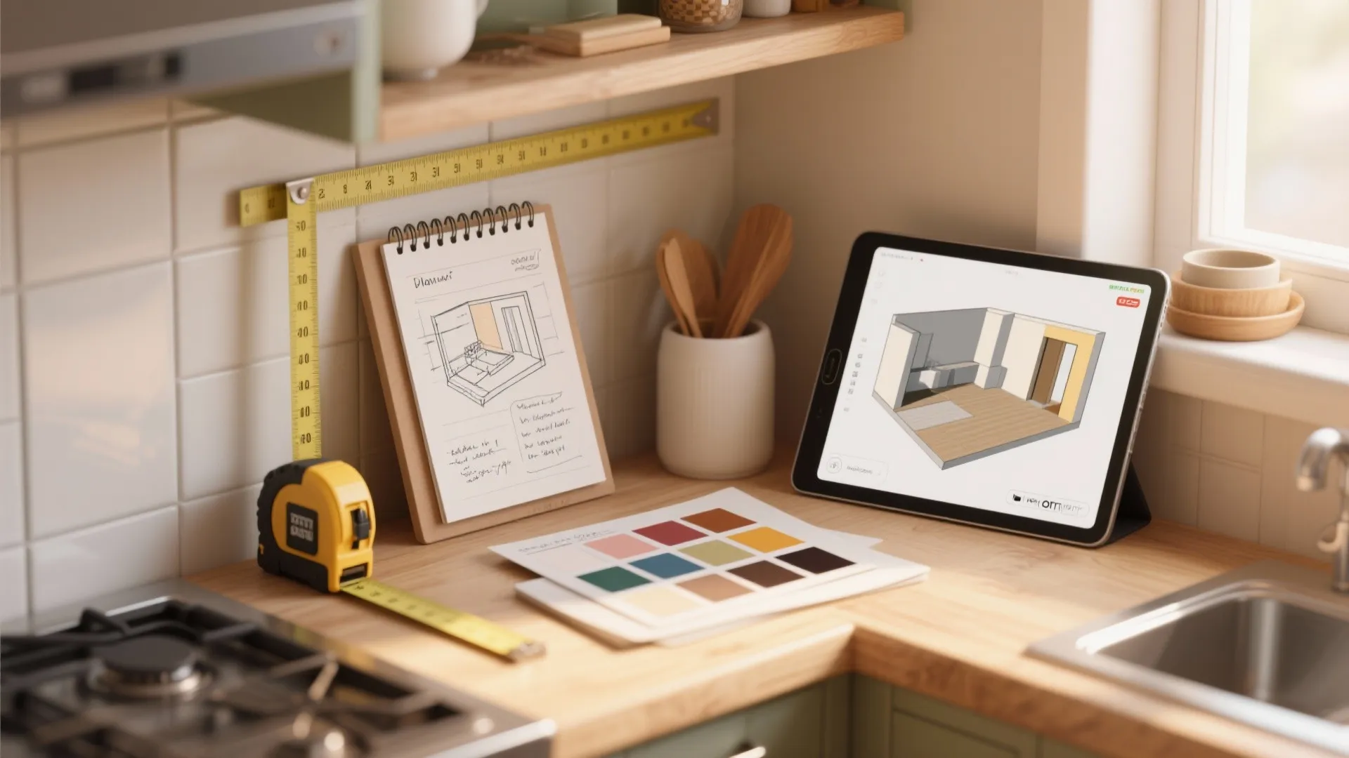 Kitchen counter with measuring tape sketch and tablet showing a modern room layout design software