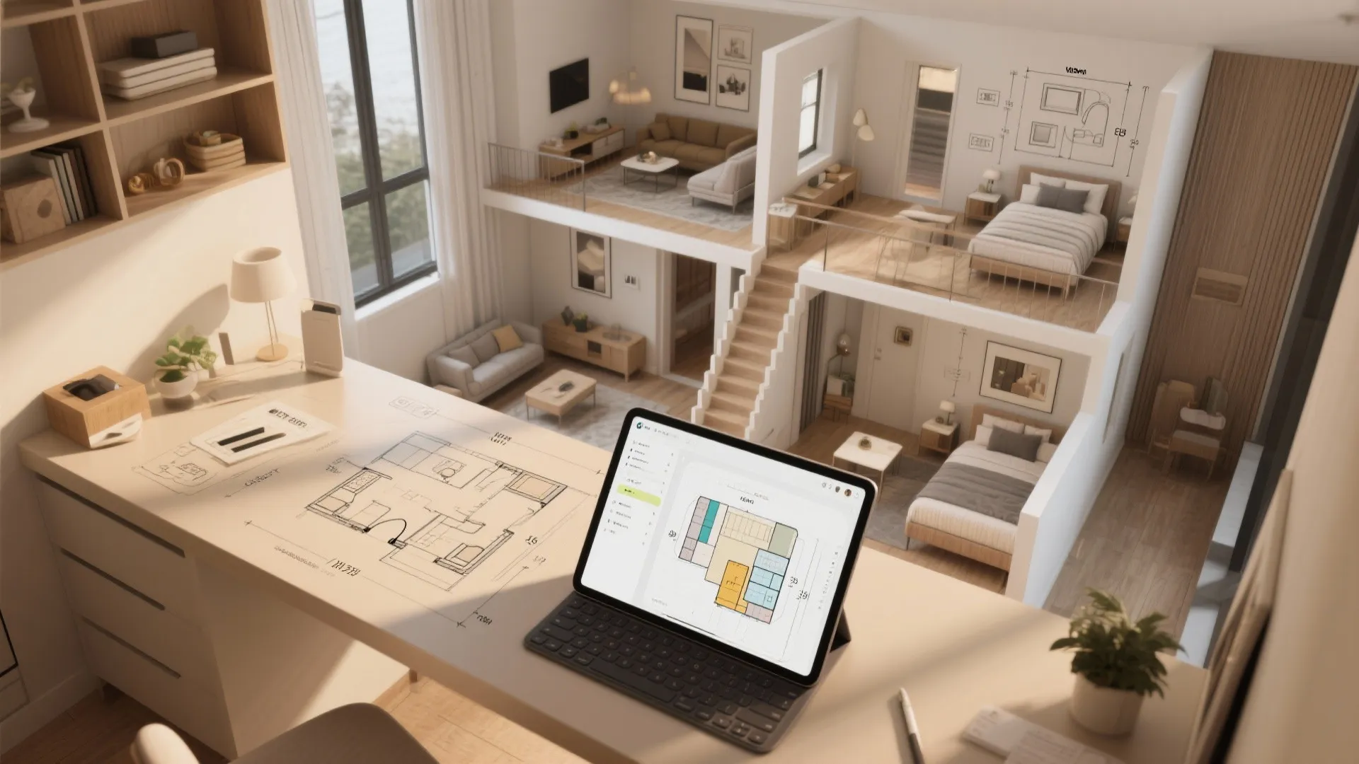Tablet displaying room layout software on desk with paper sketches and 3D duplex apartment model