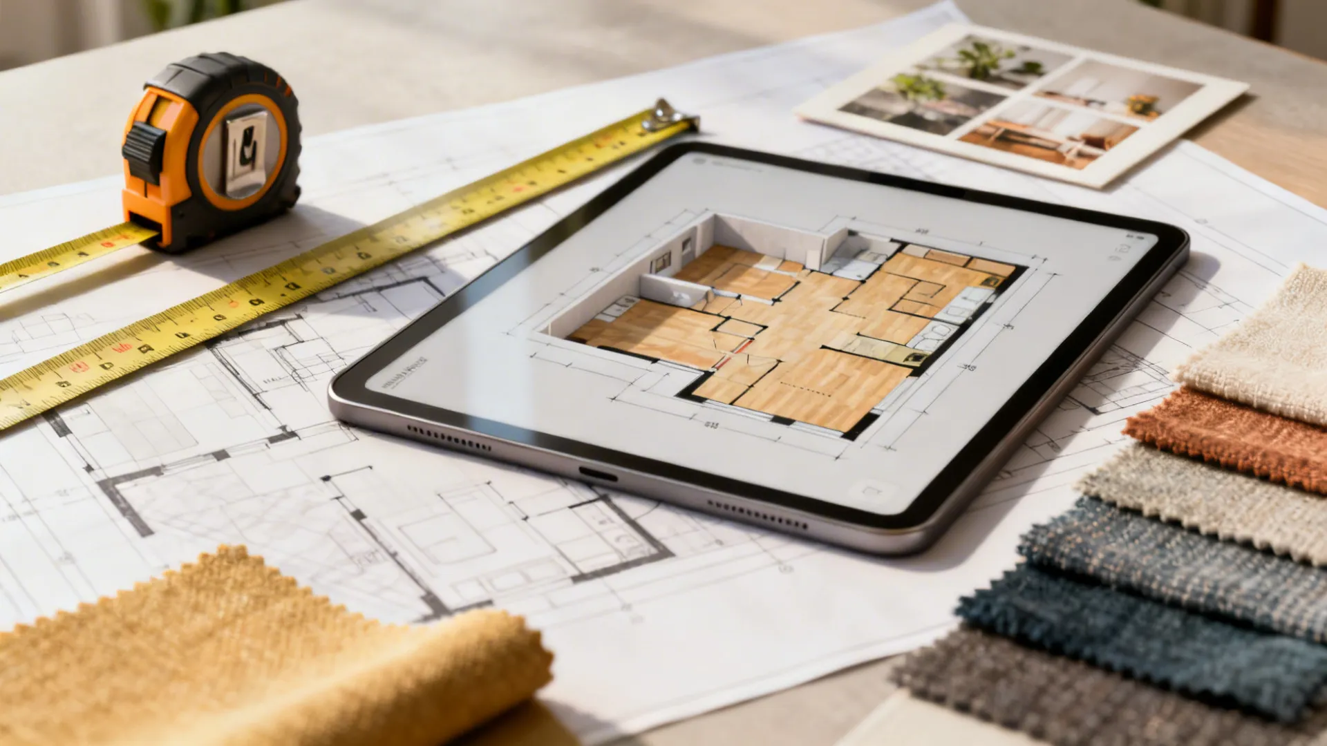 Tablet showing a 3D room planner with measuring tape and fabric swatches for layout planning.