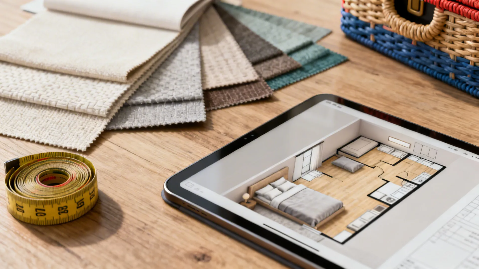 Measuring tape and tablet with a room planner mockup illustrating layout planning for a small shared bedroom.