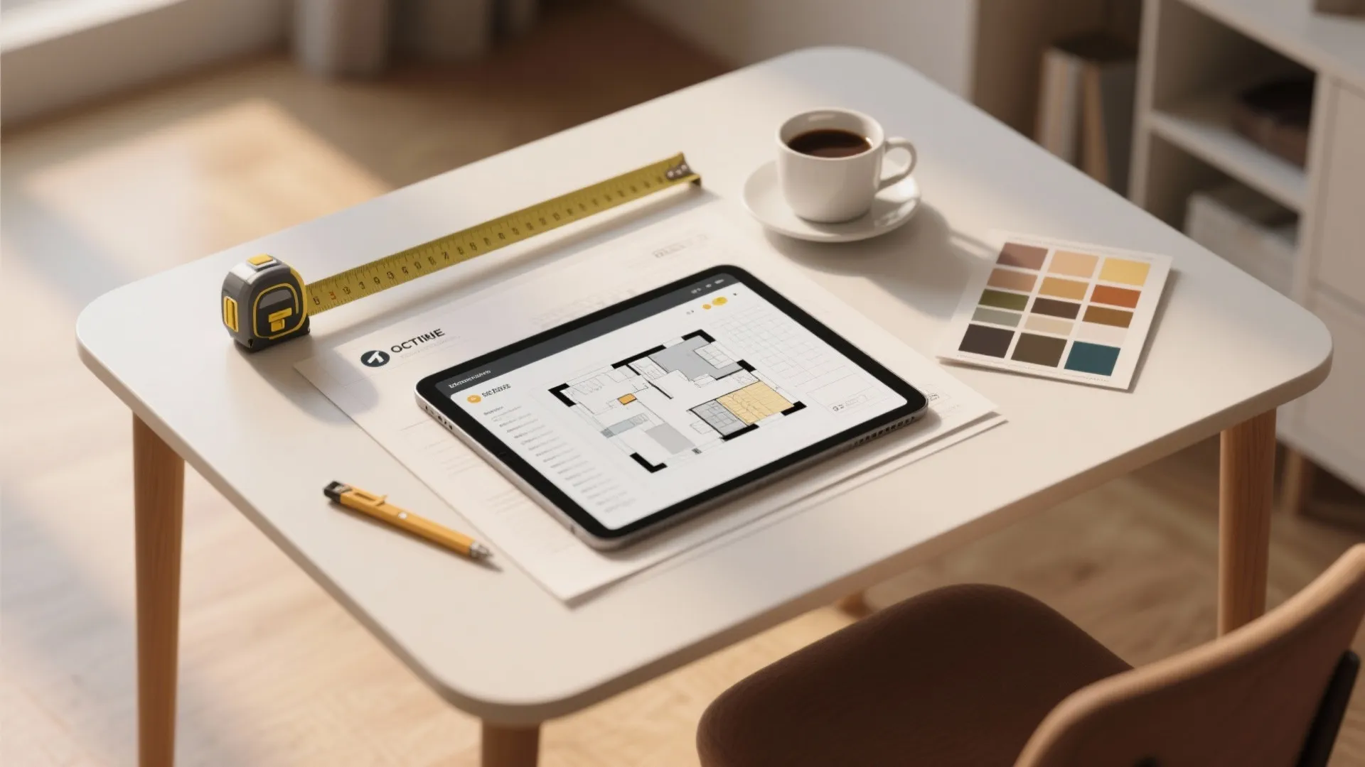 Floor plan mockup with a tablet showing a 3D planner, tape measure and material swatches for layout testing