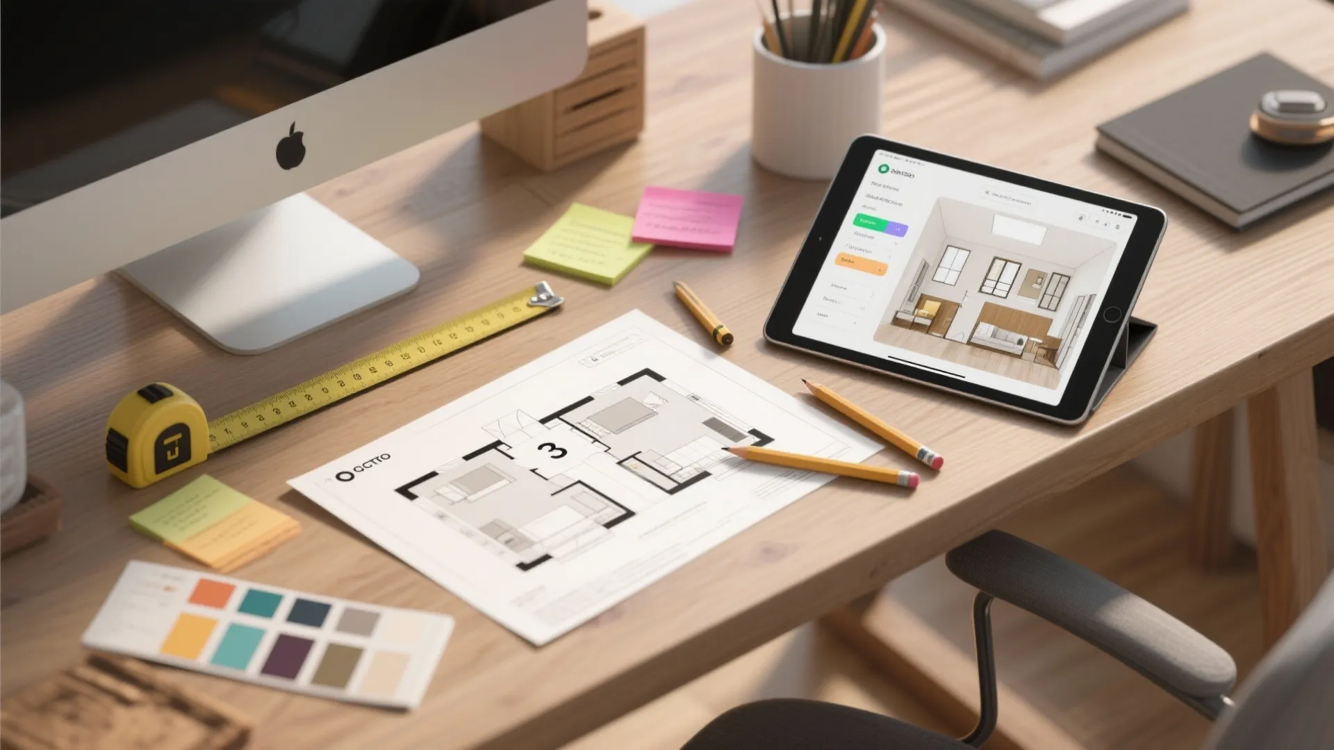 Top-down view of floor plans, tablet room planner and planning tools for a 3-bedroom layout.