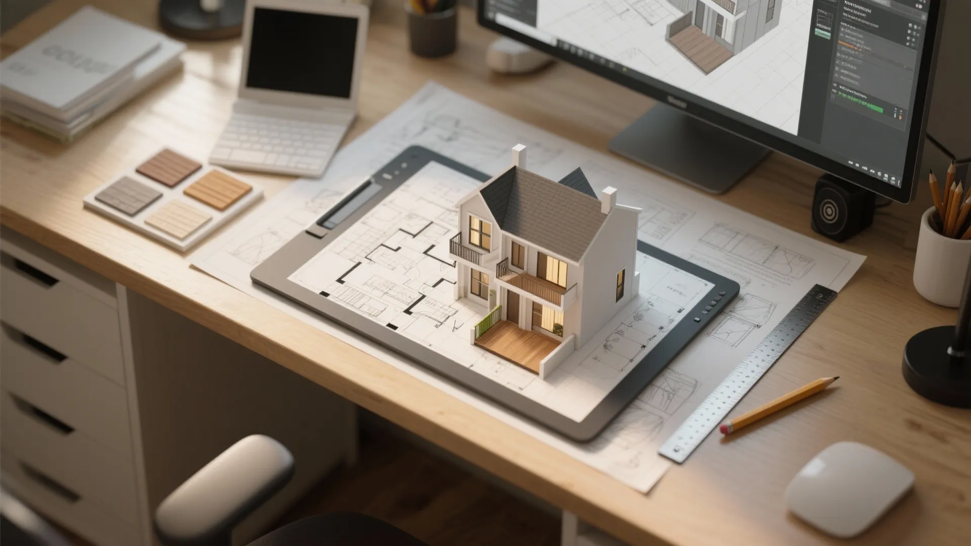Interior design drawing on a wooden desk with a small house model and computer monitor