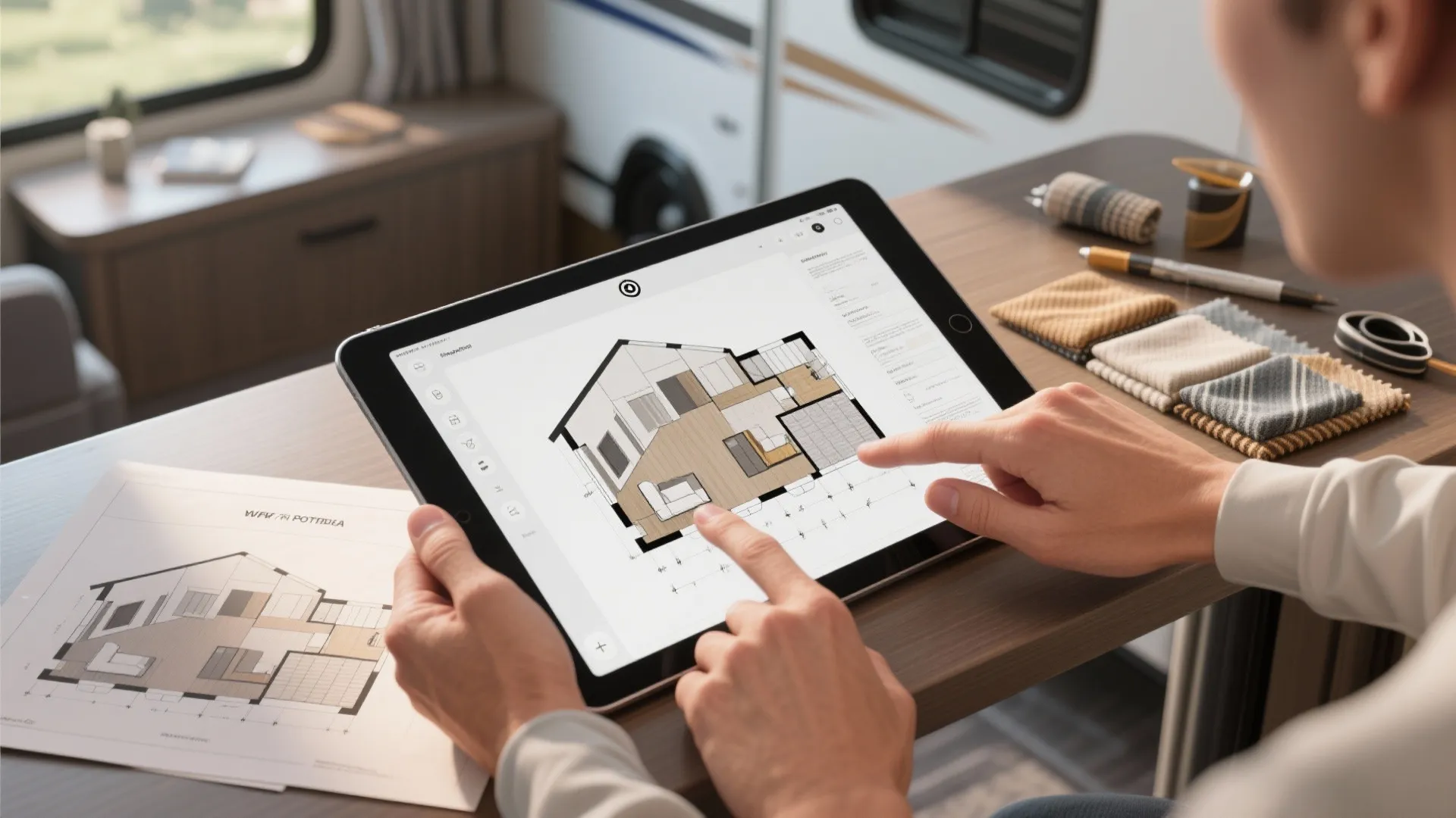 Top-down view of a tablet with 3D RV layout and printed floorplans with swatches