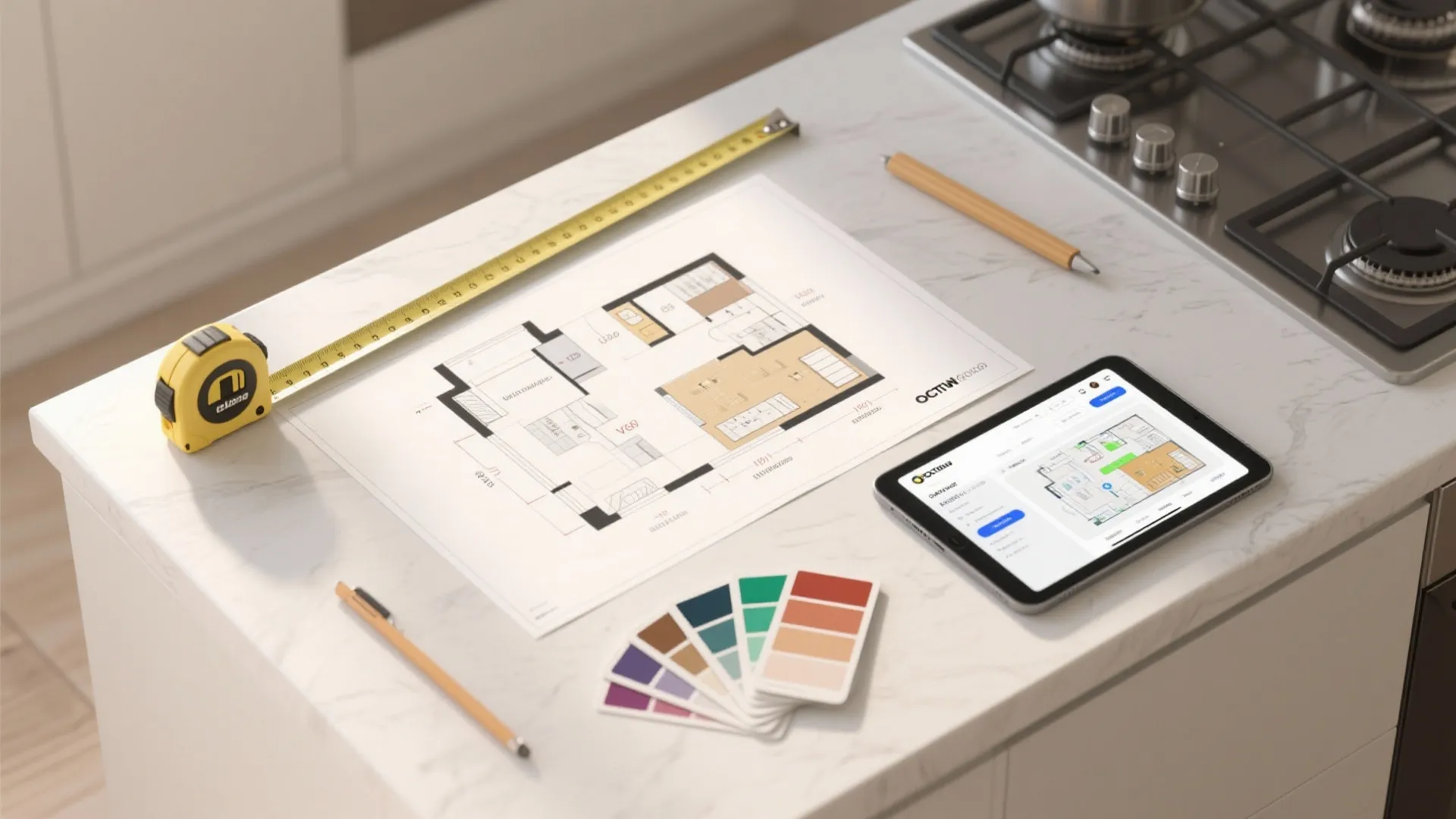 White kitchen counter with paper floor plan measuring tape color swatches and digital tablet display