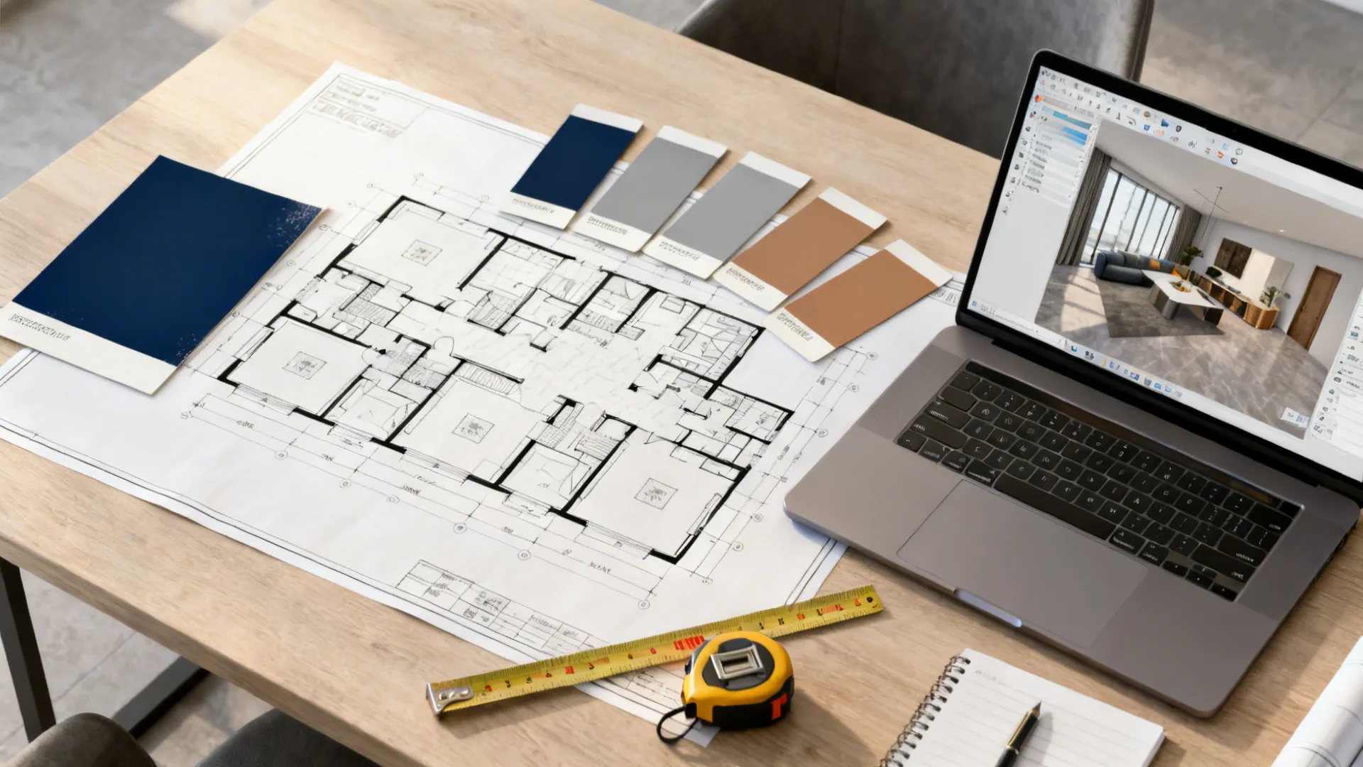 Top-down view of paint swatches, floor planner printouts and a laptop showing a 3D room render