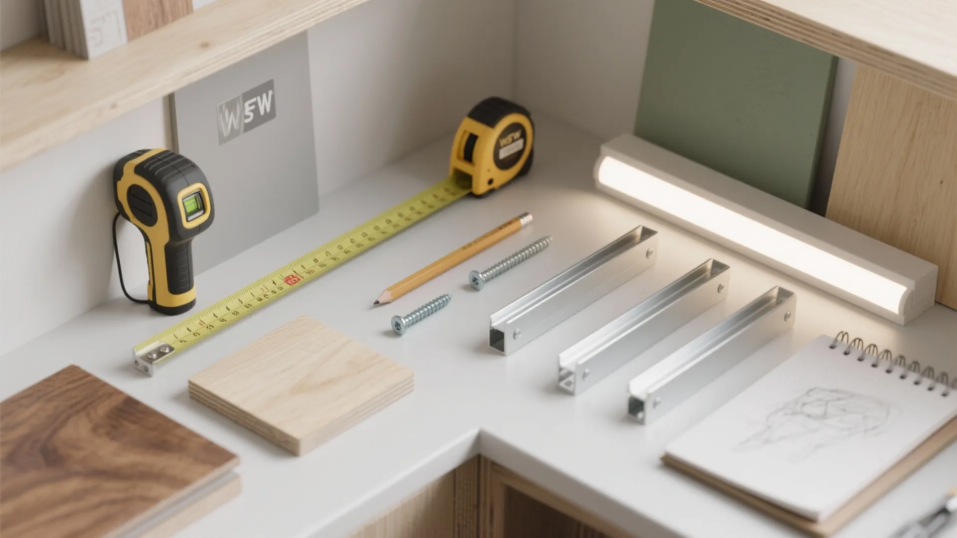 Measuring tape pencil screws and light fixture on white table for home interior design project