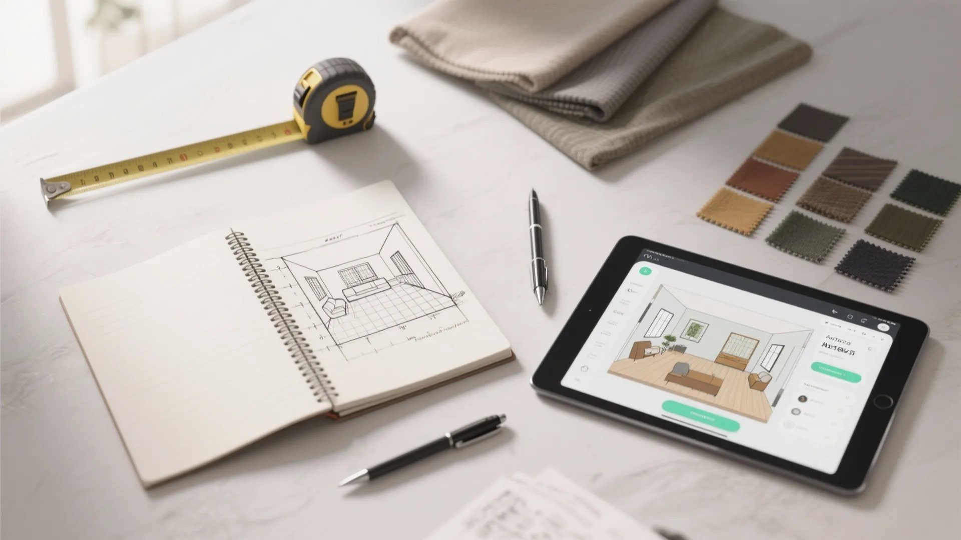 Interior design drawing on notebook next to tablet showing 3D room layout and fabric samples
