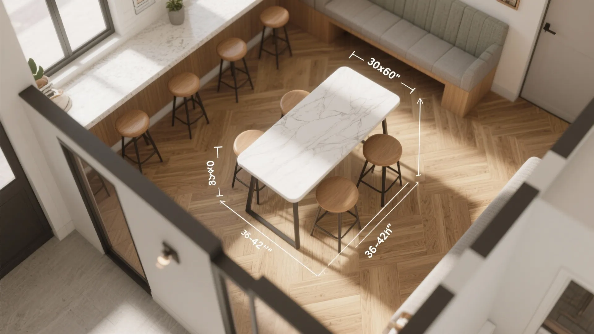 Top down interior design drawing showing marble table and wooden stools with white dimension line measurements