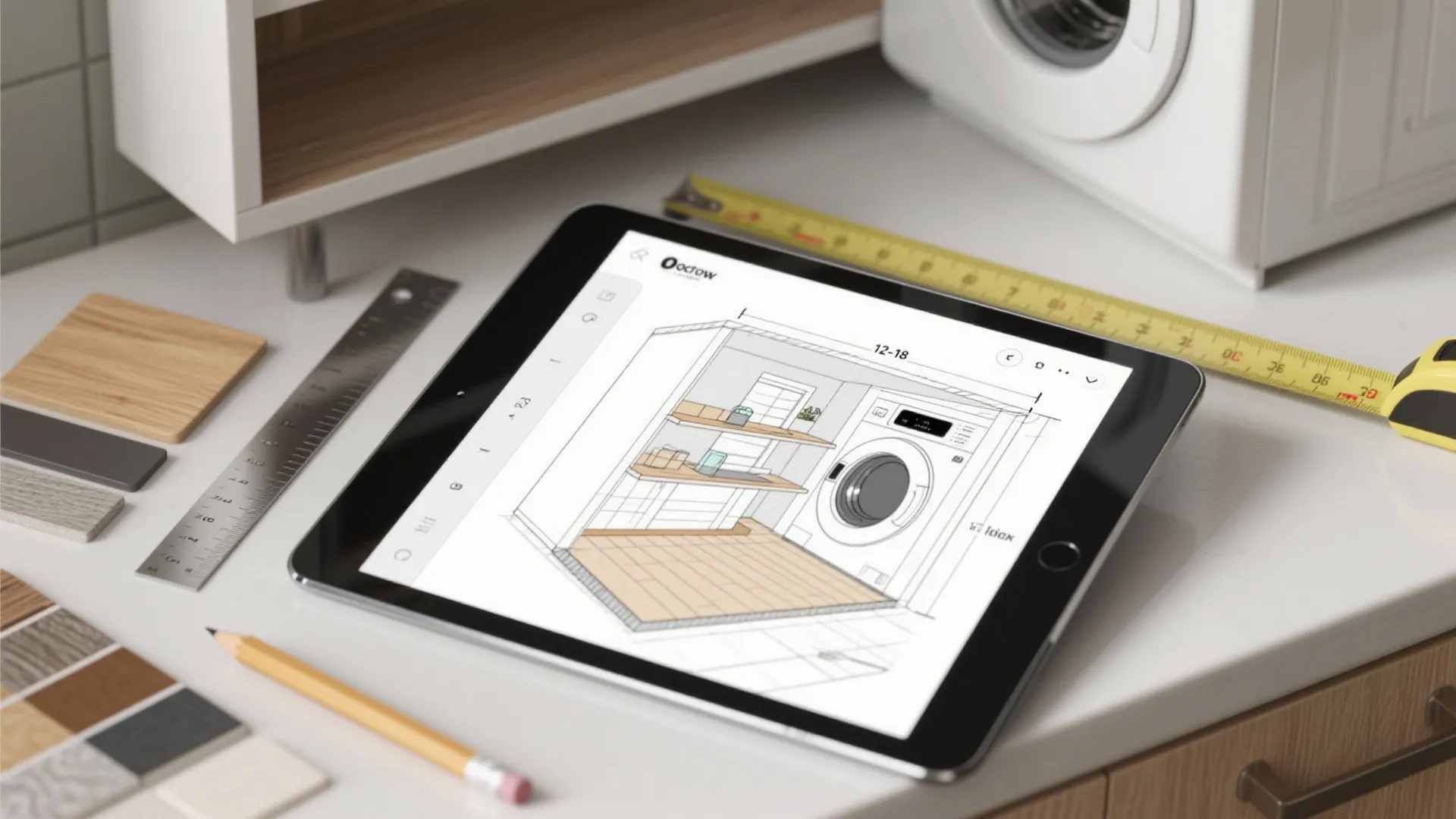 Tablet displaying laundry room interior design drawing with washing machine shelves measuring tape and pencil